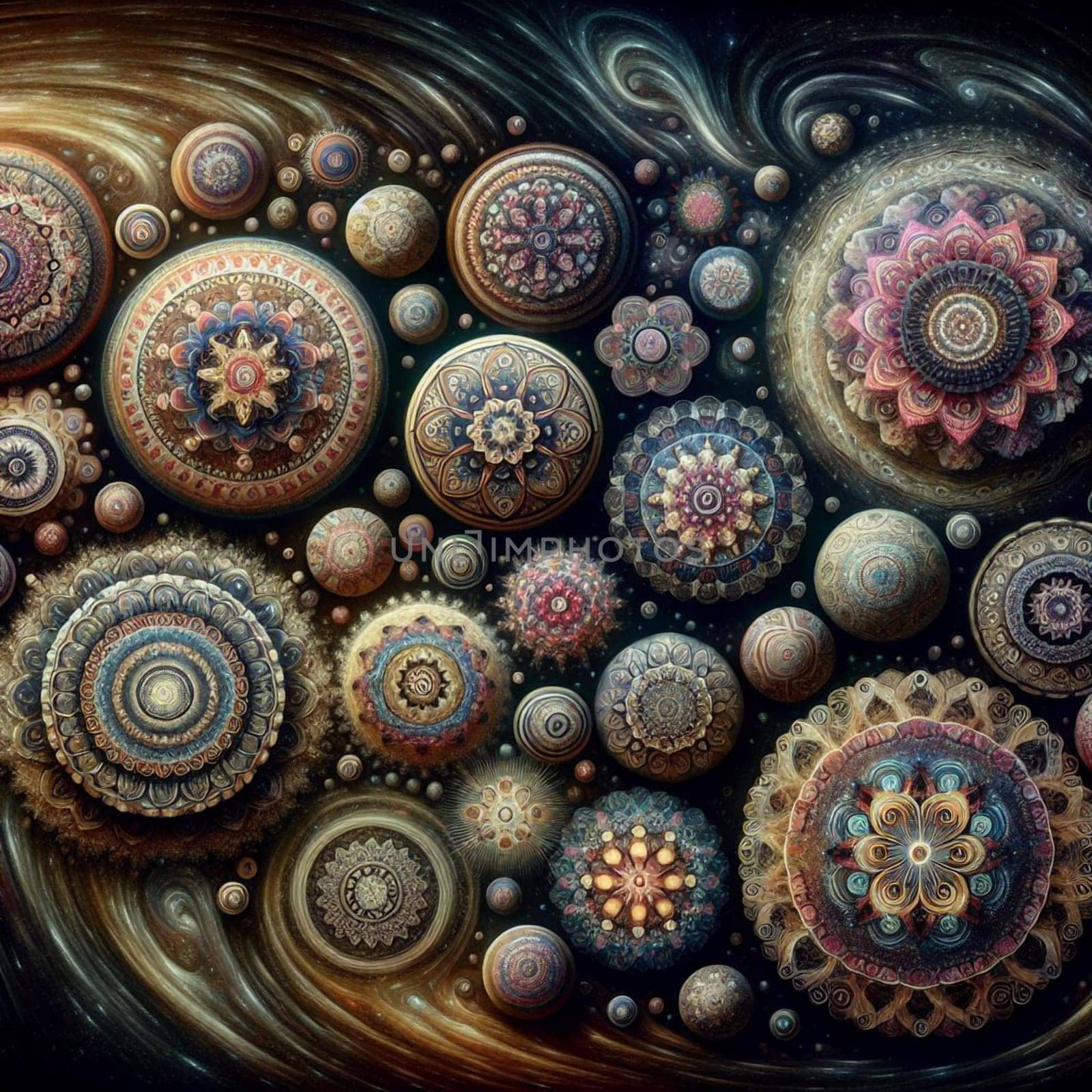 Abstract image of a swirling galaxy with colorful, ornate spheres. The spheres are intricate and detailed, with a variety of colors and patterns. A high-quality photo.