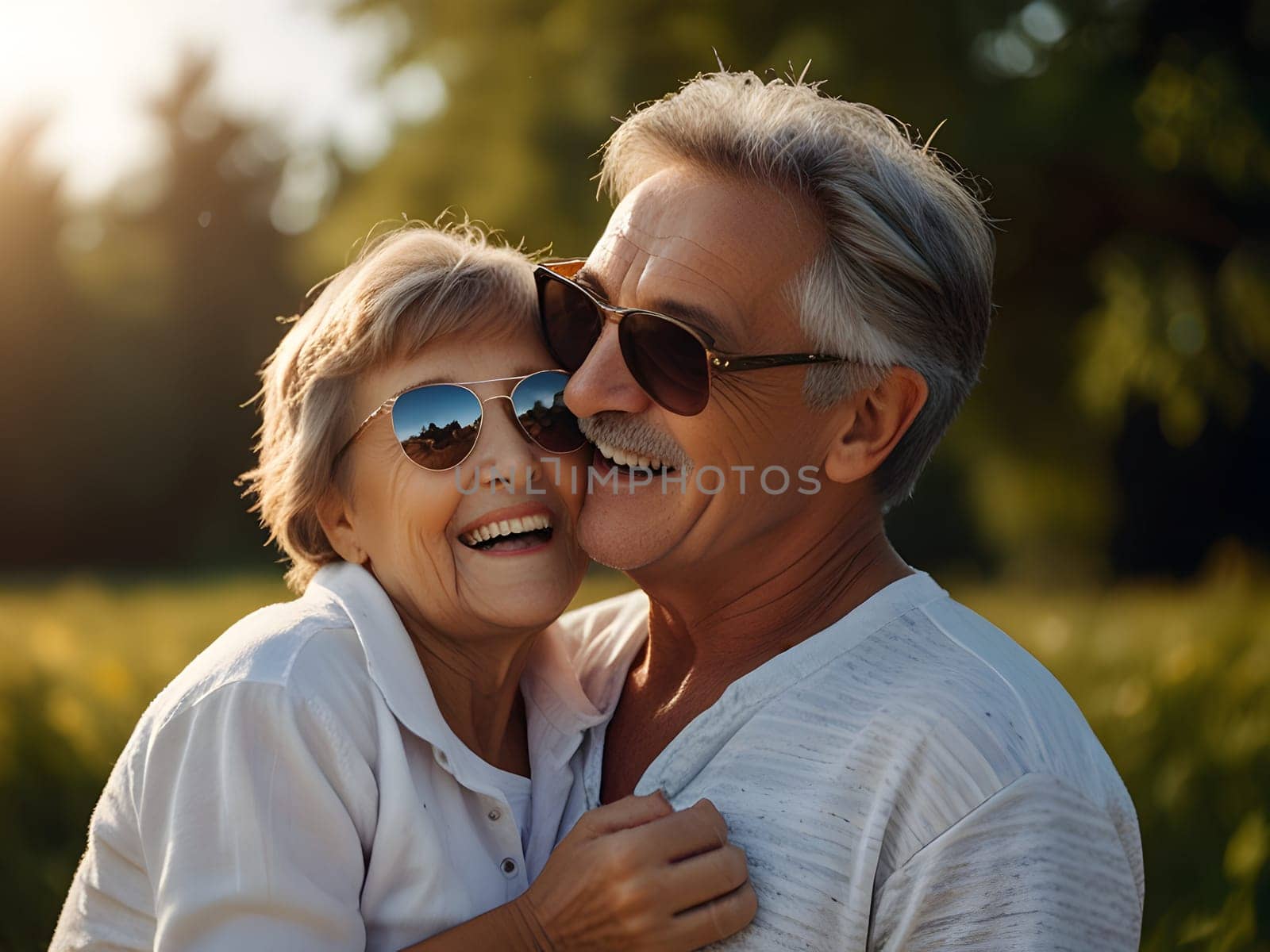 Funny happy elderly couple outdoors