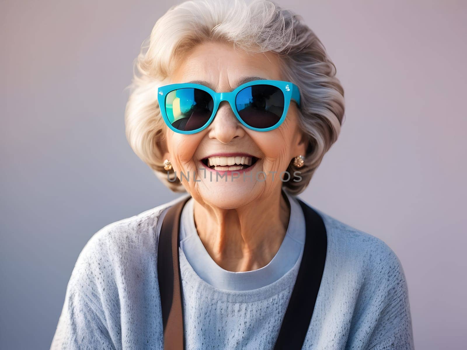 Funny happy old woman with sunglasses