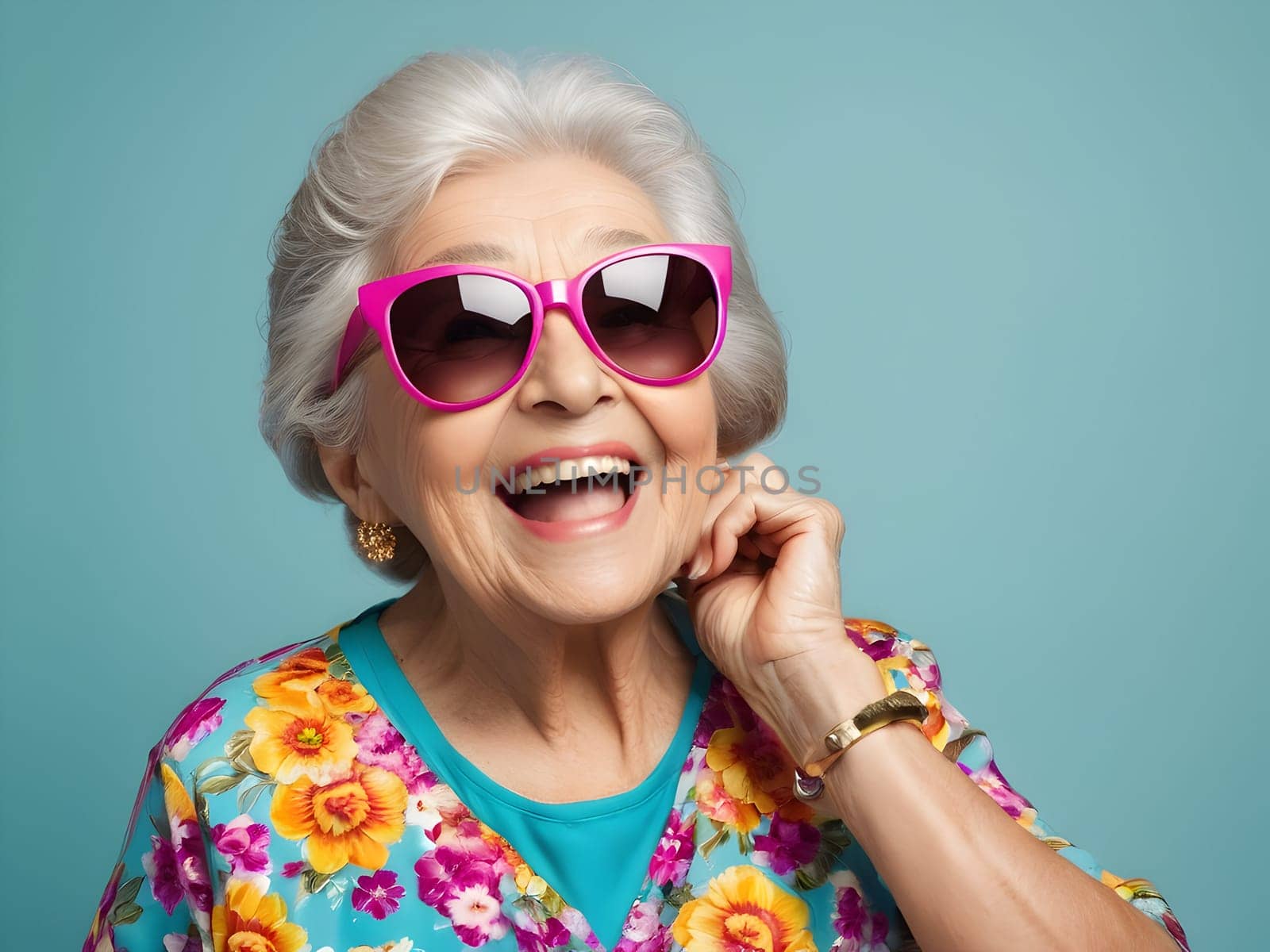 Funny happy old woman with sunglasses