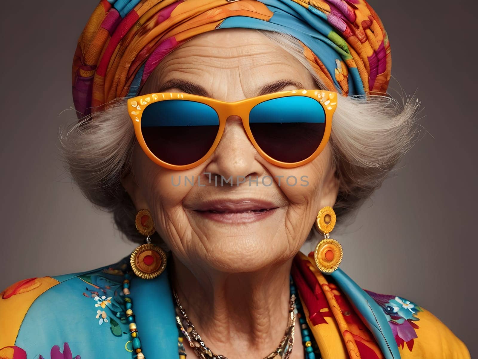 Funny happy old woman with sunglasses