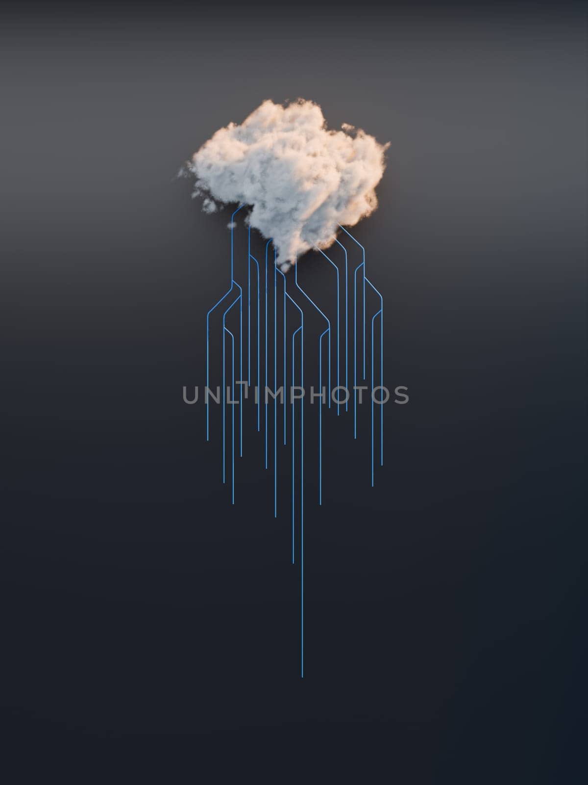 Cloud computing concept, computer network and cybersecurity. Digital 3D render. No AI.