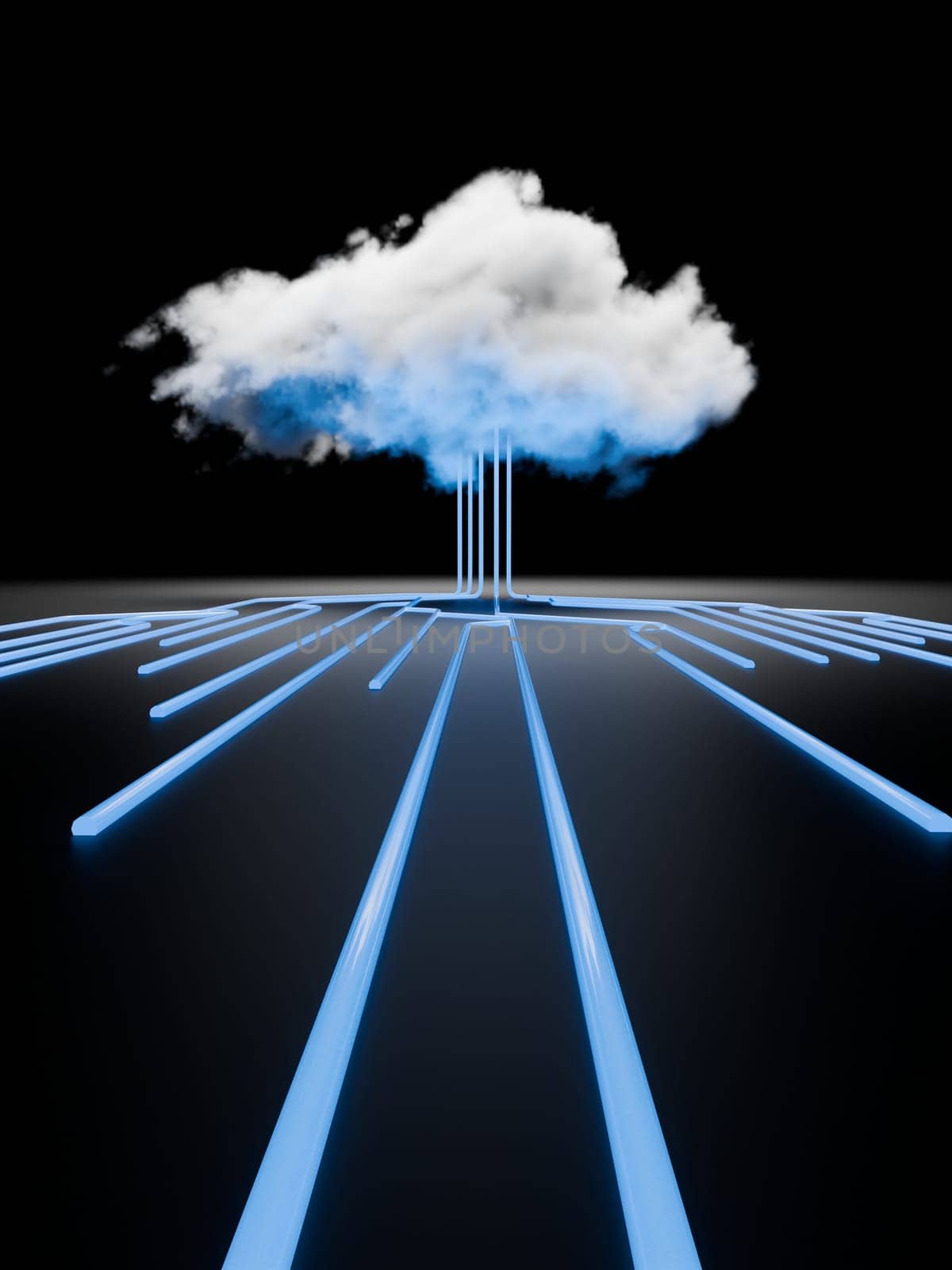 Cloud computing concept, computer network and cybersecurity. Digital 3D render. No AI.