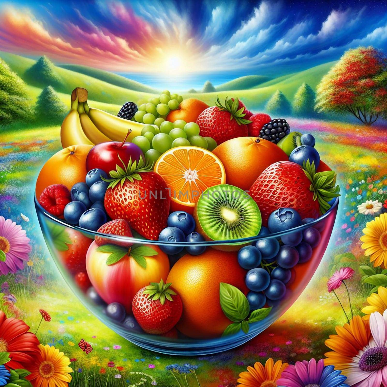 A bowl overflowing with colorful fruits set against a vibrant landscape of rolling hills, a colorful sky, and a radiant sun. A high-quality photo.