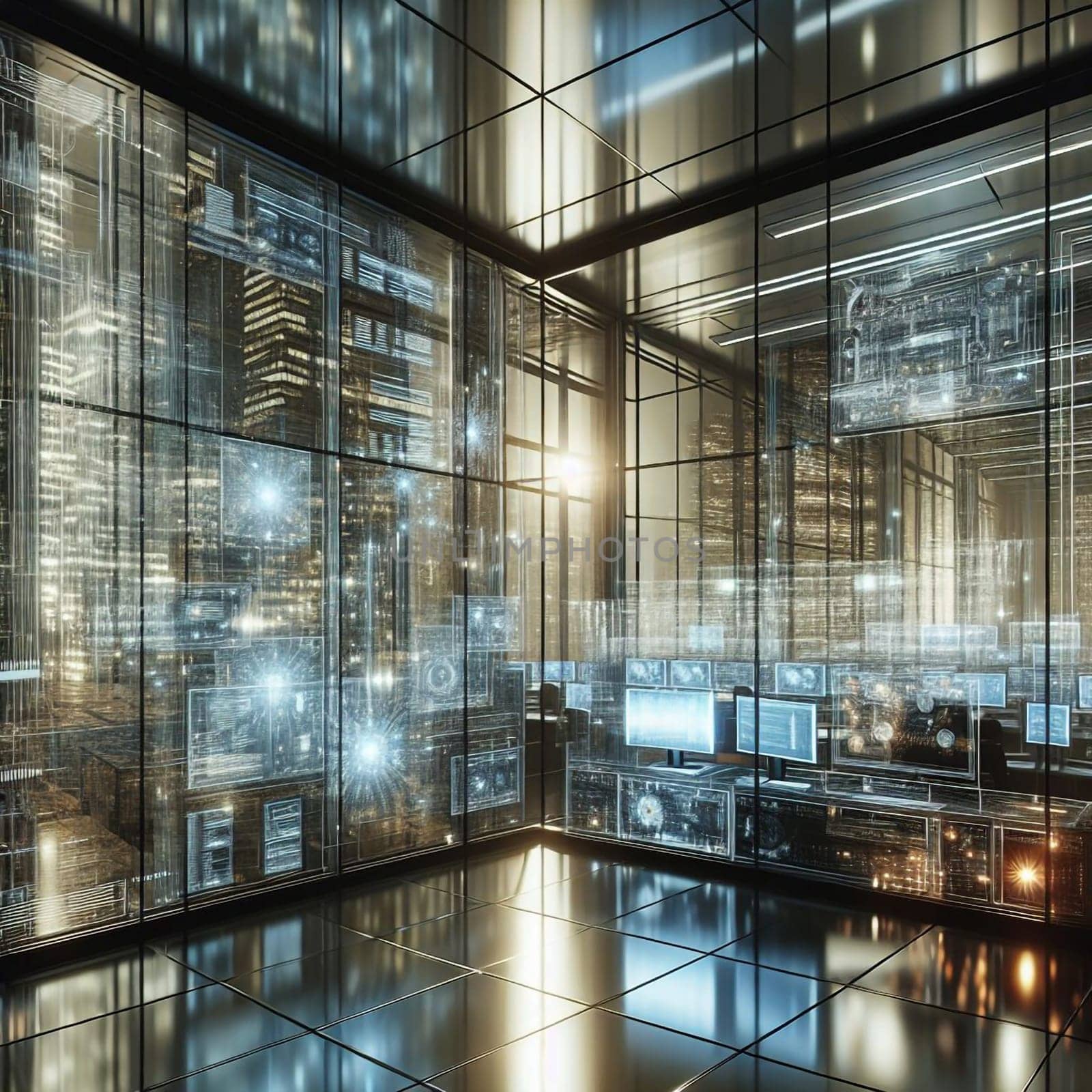 A modern office interior with large windows showcasing a cityscape at night. The windows are displaying digital data and graphics. A high-quality photo.