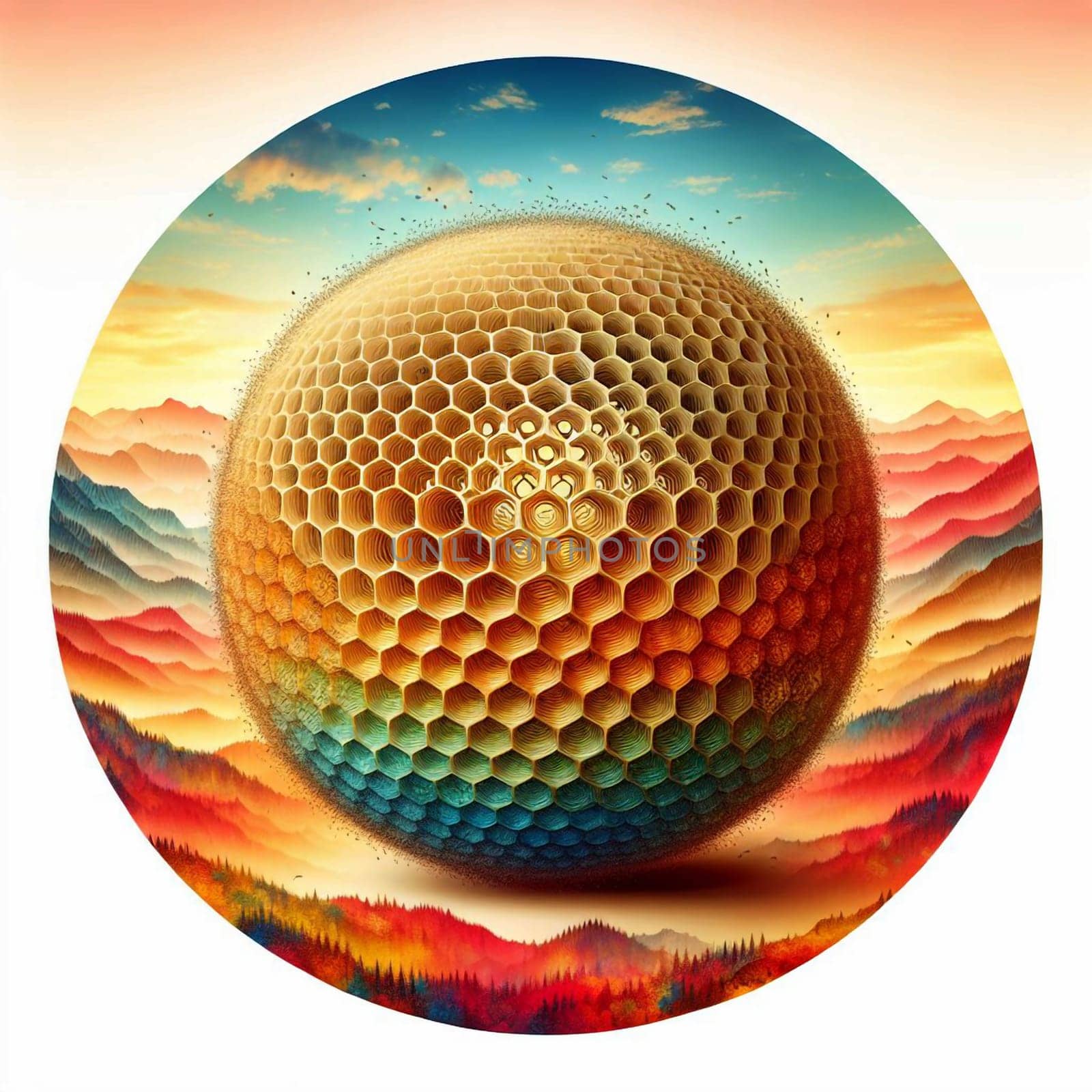 Abstract image of a honeycomb sphere floating in a landscape of colorful mountains. The sphere is a symbol of nature's intricate patterns and the beauty of order. A high-quality photo.
