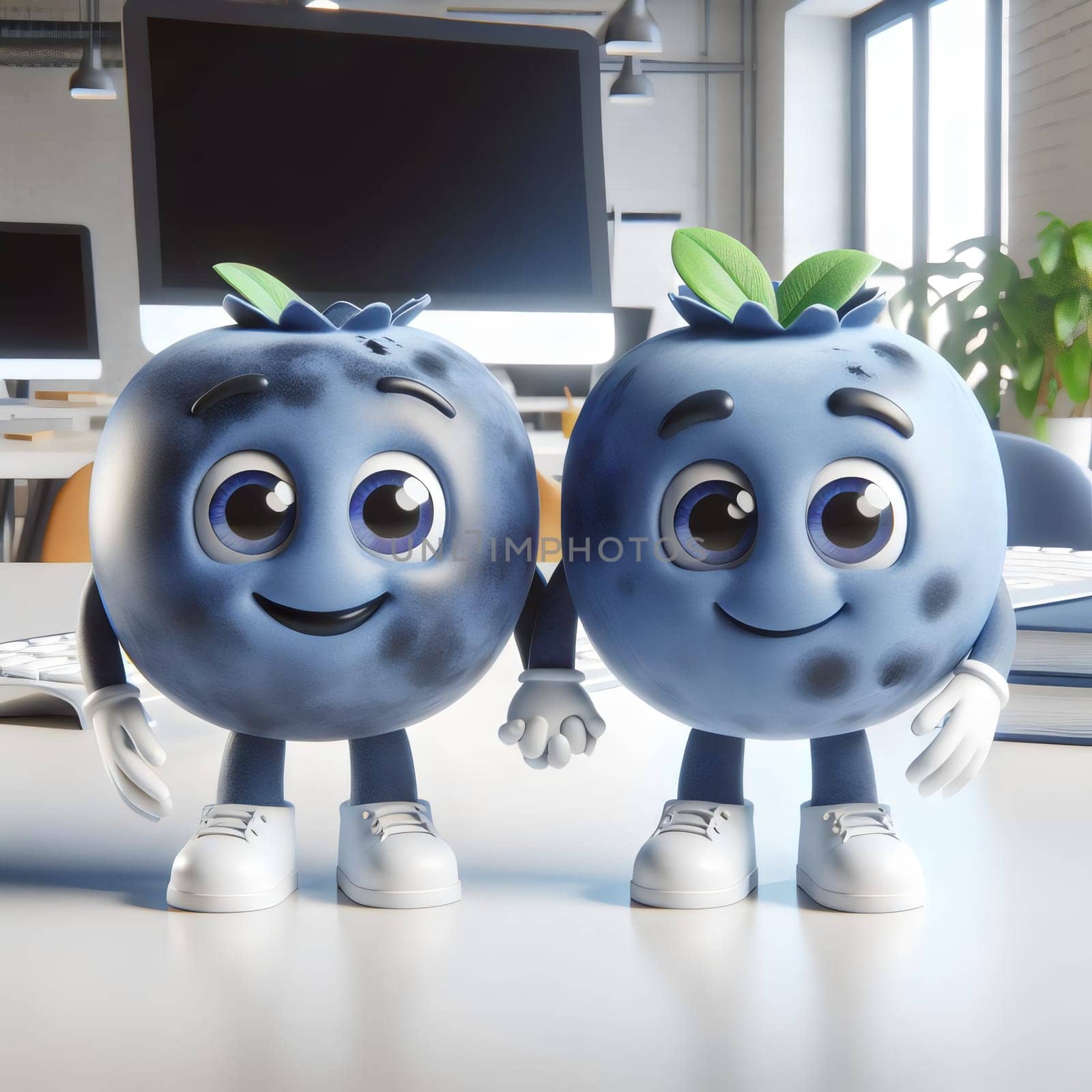 Two cartoon blueberries, holding hands and smiling, sitting on a desk in an office setting. The blueberries are a fun and friendly representation of teamwork and collaboration. A high-quality photo.