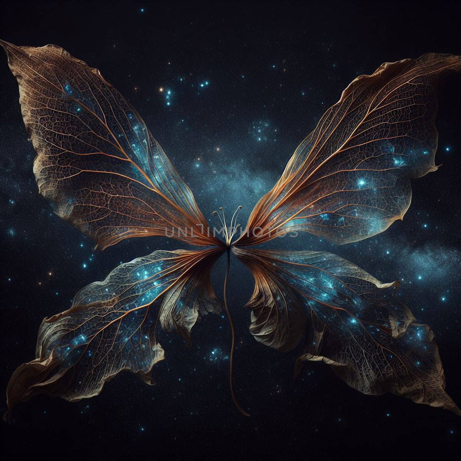 A butterfly with translucent wings, made of delicate veins and filled with stars and galaxies. The butterfly is a symbol of transformation and beauty. A high-quality photo.