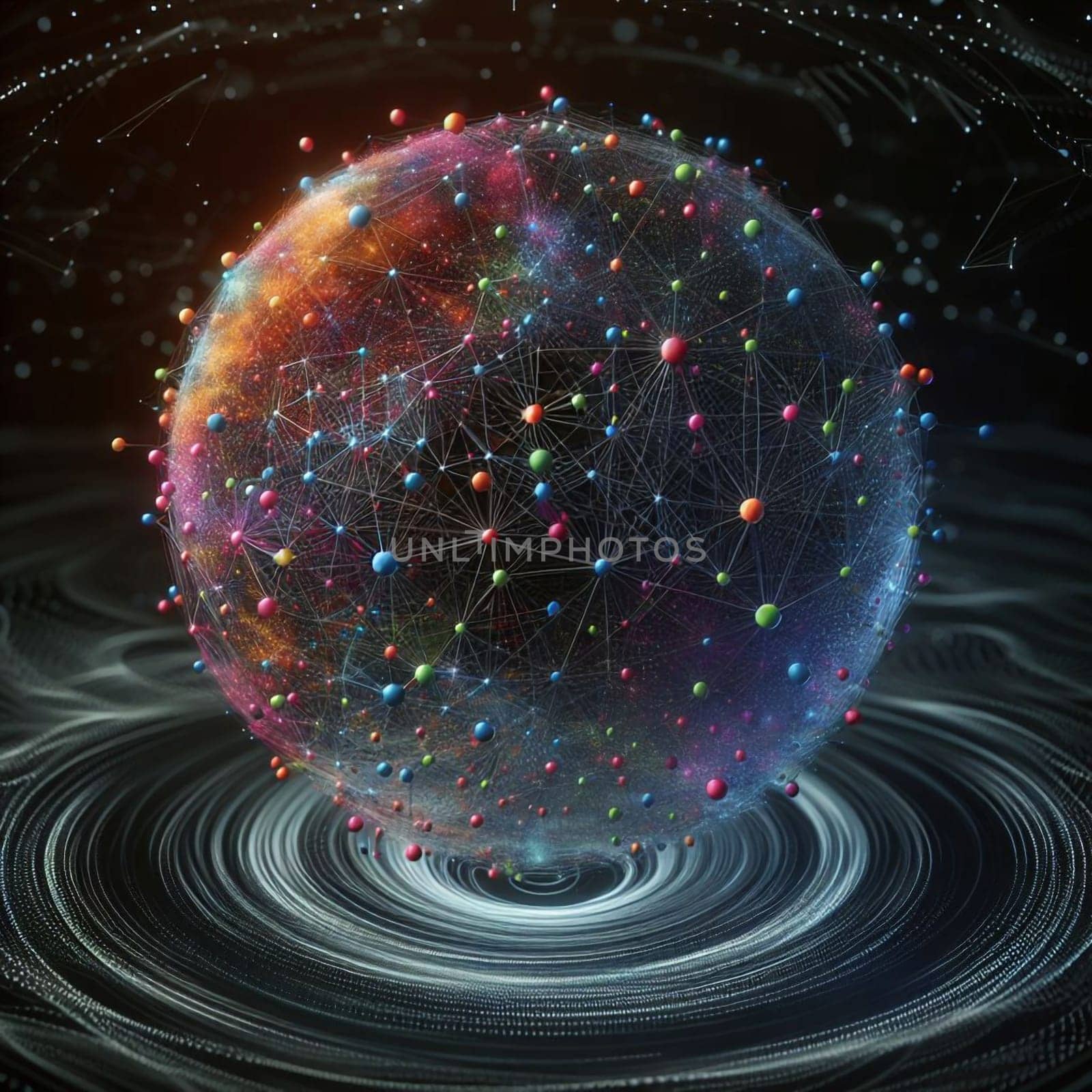 Abstract image of a colorful, interconnected network of nodes within a glowing sphere, representing the interconnectedness of data, technology, and information. A high-quality photo.