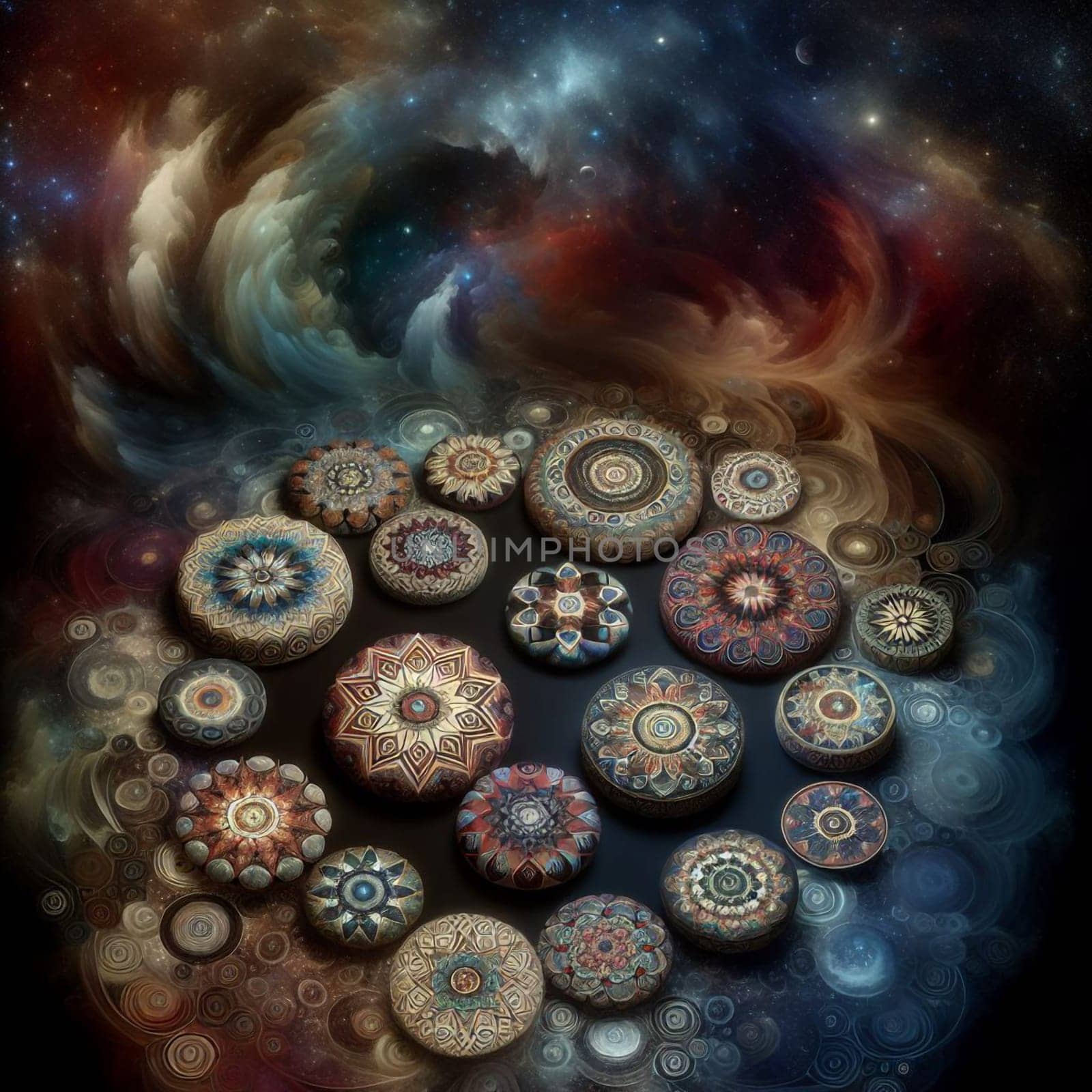 A collection of ornate circular objects, arranged in a swirling pattern. The scene is set against a cosmic backdrop, with stars and planets visible. A high-quality photo.