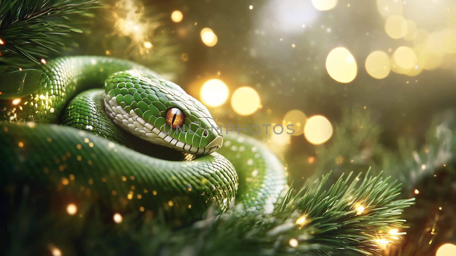 A green snake lies curled amidst rich foliage, glimmering lights creating a magical atmosphere in the background at dusk.