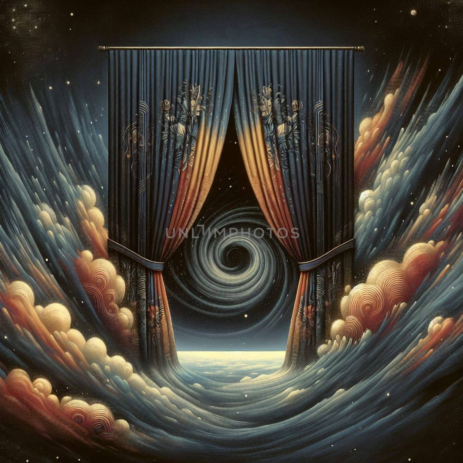 Surreal image of a pair of curtains drawn back to reveal a swirling galaxy behind them. The curtains are richly decorated with intricate patterns. A high-quality photo.