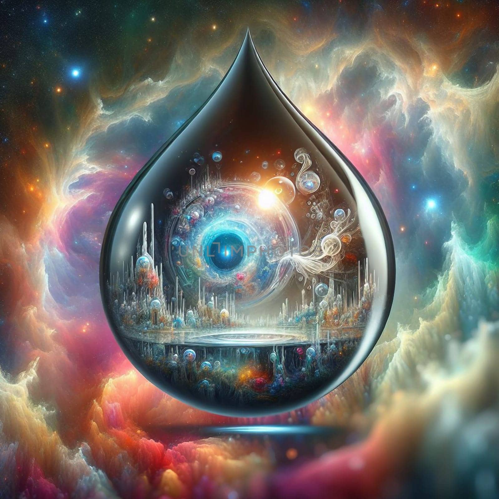A water droplet with a miniature world inside. The world contains a galaxy, a city, and other fantastic elements, representing the vastness and wonder of the universe. A high-quality photo.
