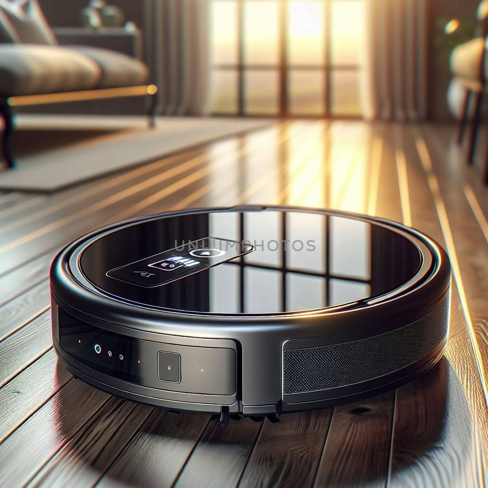 A robotic vacuum cleaner cleaning a wooden floor in a modern living room. The vacuum cleaner is sleek and futuristic, representing the advancement of technology in the home. A high-quality photo.