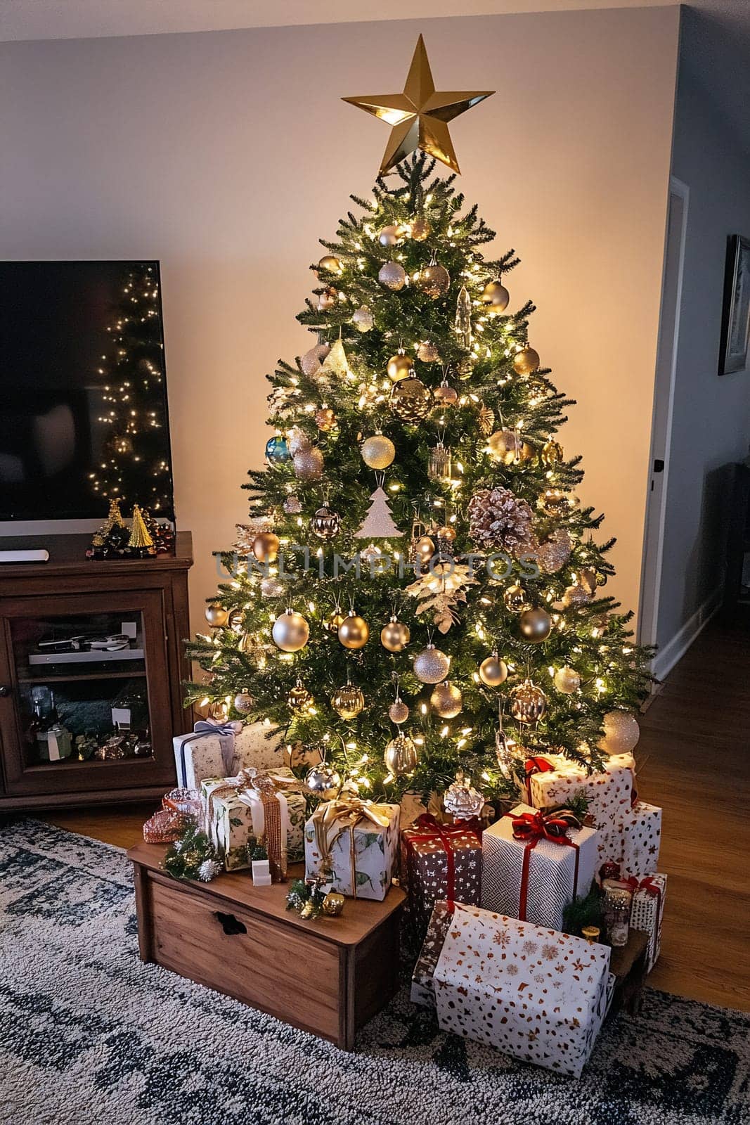 A Christmas tree decorated with golden ornaments and lights stands proudly in a cozy living room, surrounded by colorful wrapped gifts.