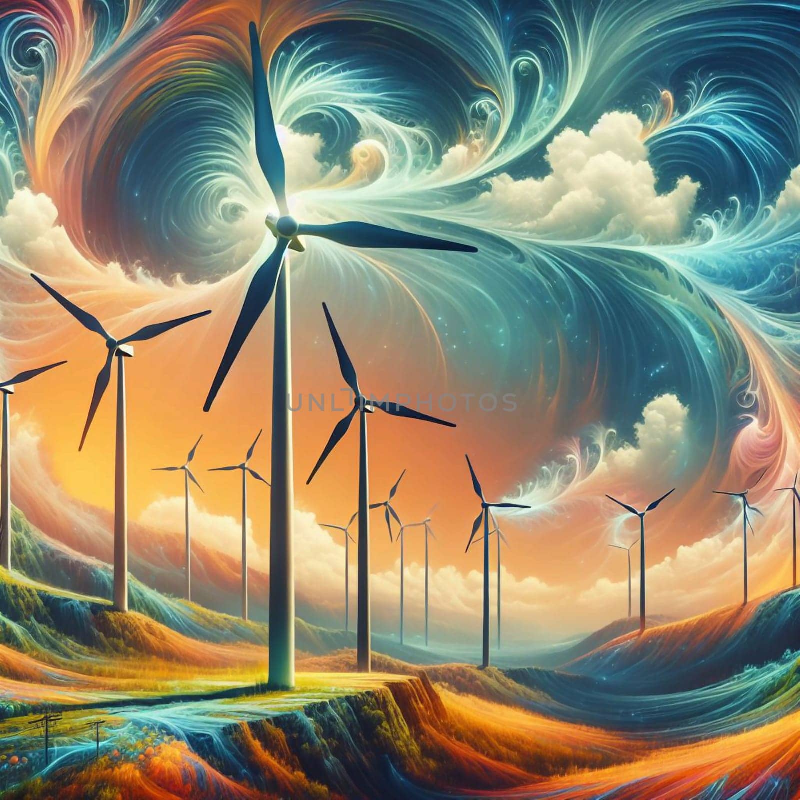 Field of wind turbines against a colorful, swirling sky. The wind turbines are a symbol of clean energy and sustainability. The scene is set against a backdrop of rolling hills. A high-quality photo.