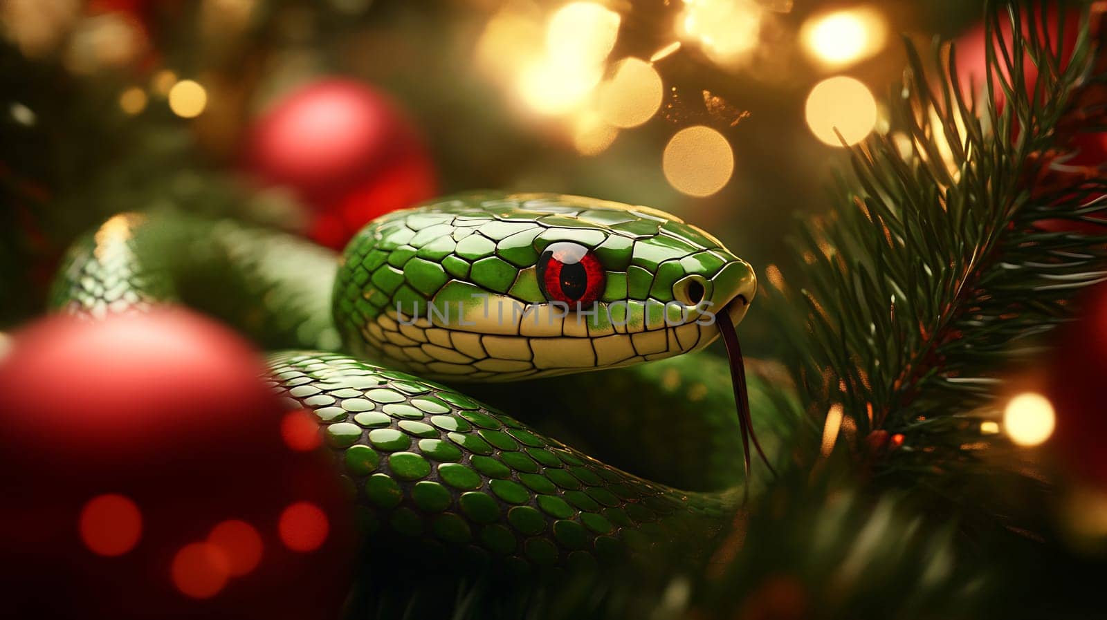 A green snake is nestled among pine needles and shiny ornaments, capturing the essence of the holiday spirit in nature.