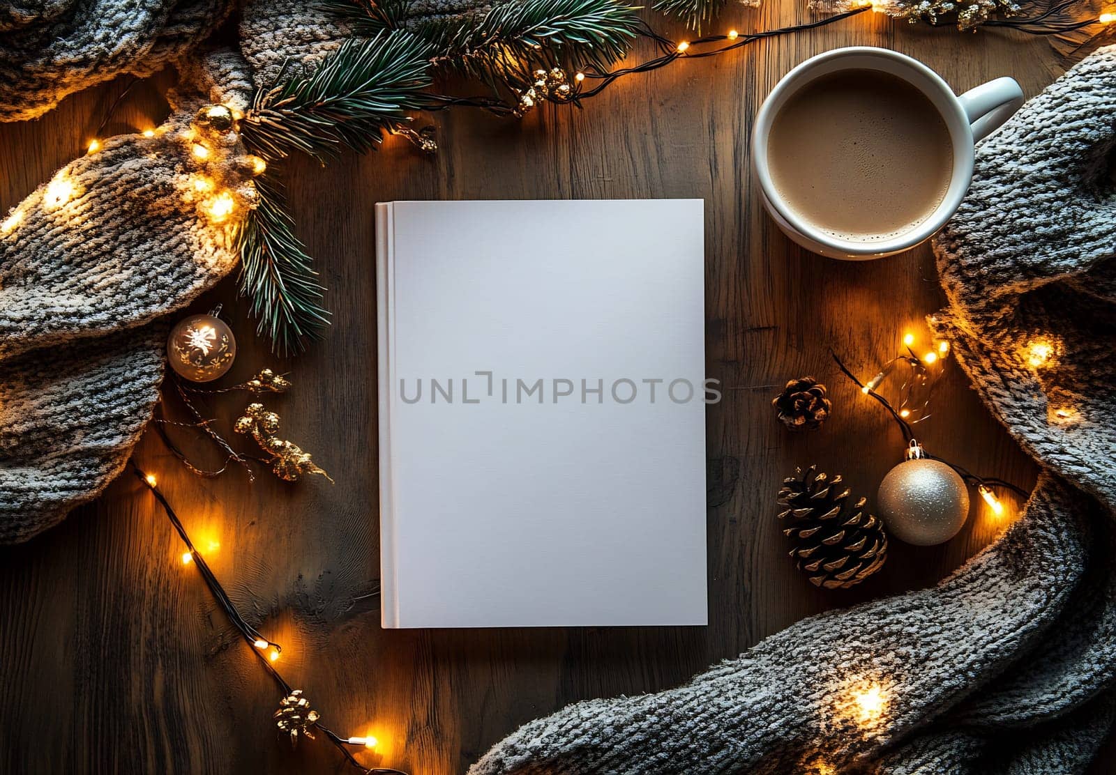 A cozy winter atmosphere features a blank notebook surrounded by festive lights, a warm coffee cup, and holiday ornaments.