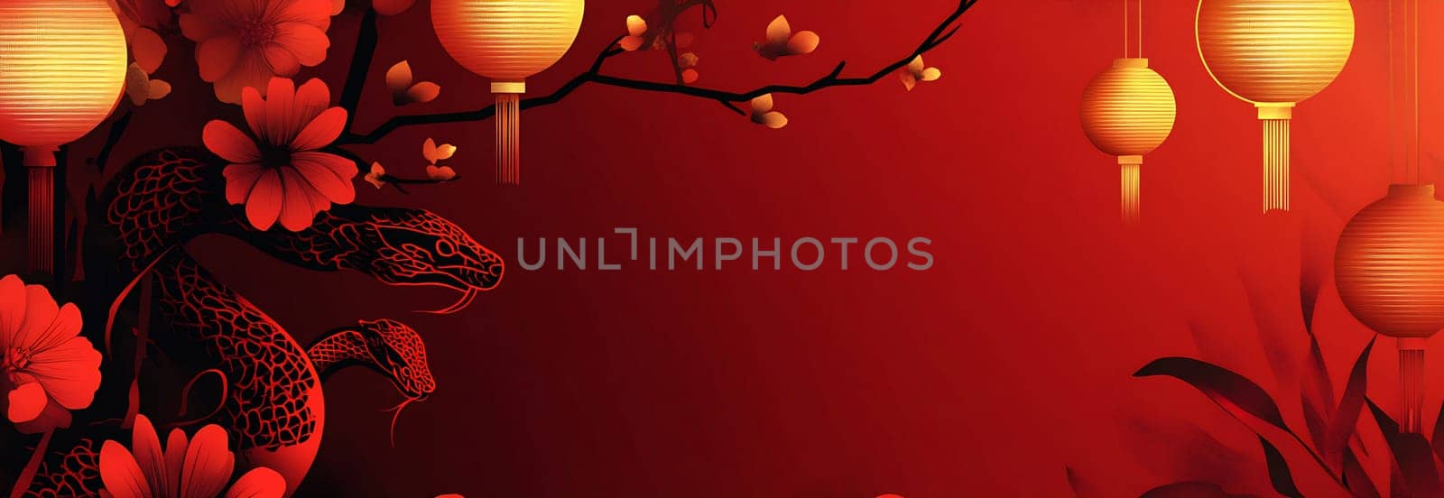 The artwork showcases intricate lanterns and a snake intertwined with flowers, creating a festive atmosphere perfect for celebrations.