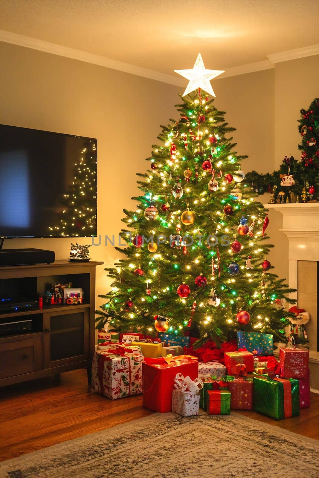 The festive Christmas tree sparkles with lights and ornaments, surrounded by colorful wrapped gifts in a warm living room.