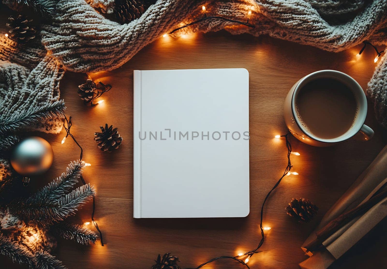A blank notebook lies on a wooden surface surrounded by coffee, pine cones, greenery, and warm holiday lights, creating a cozy atmosphere.