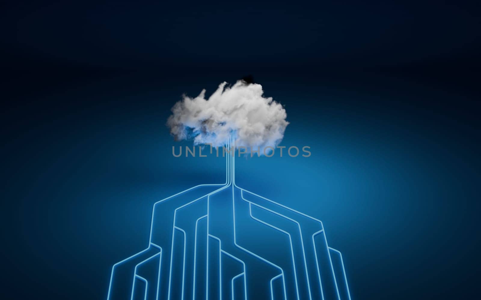 Cloud computing concept, computer network and cybersecurity. Digital 3D render. No AI.
