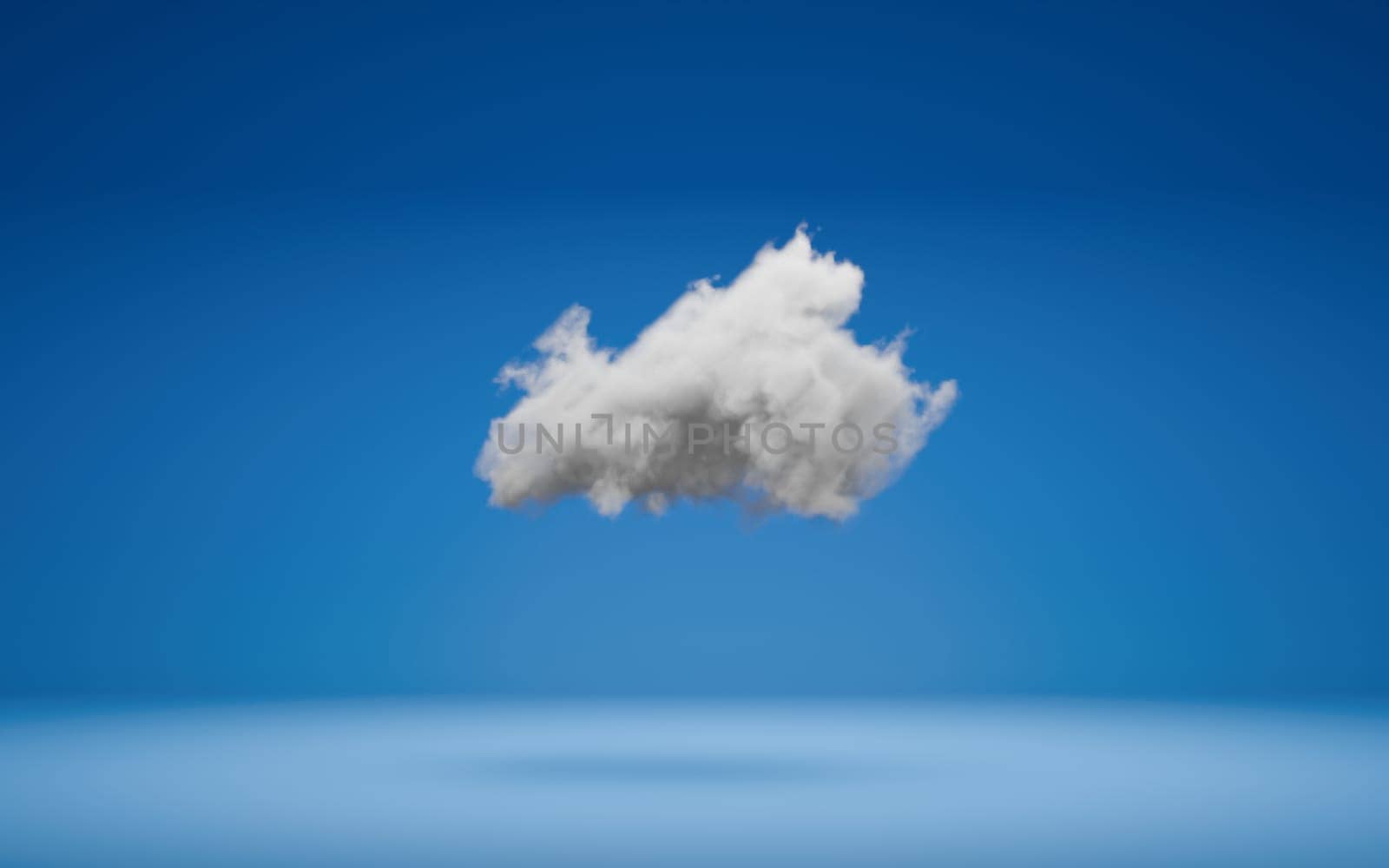 Hanging cloud on blue background with negative space. Digital 3D render, no AI.