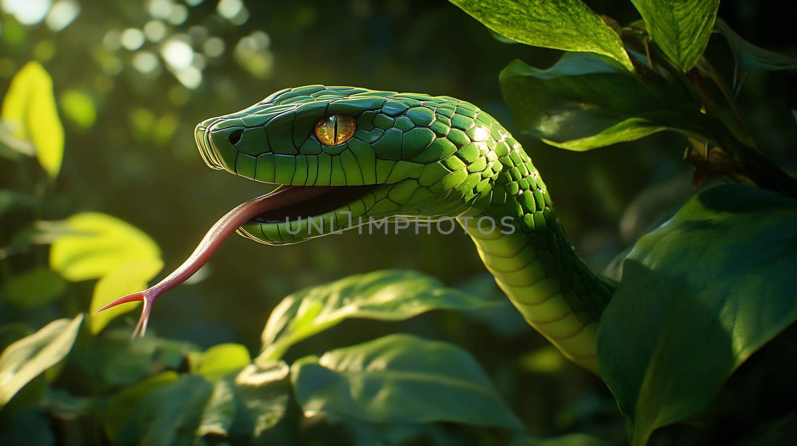 The green snake slithers stealthily among dense leaves, showcasing its vivid scales and striking eyes in the warm, fading light.