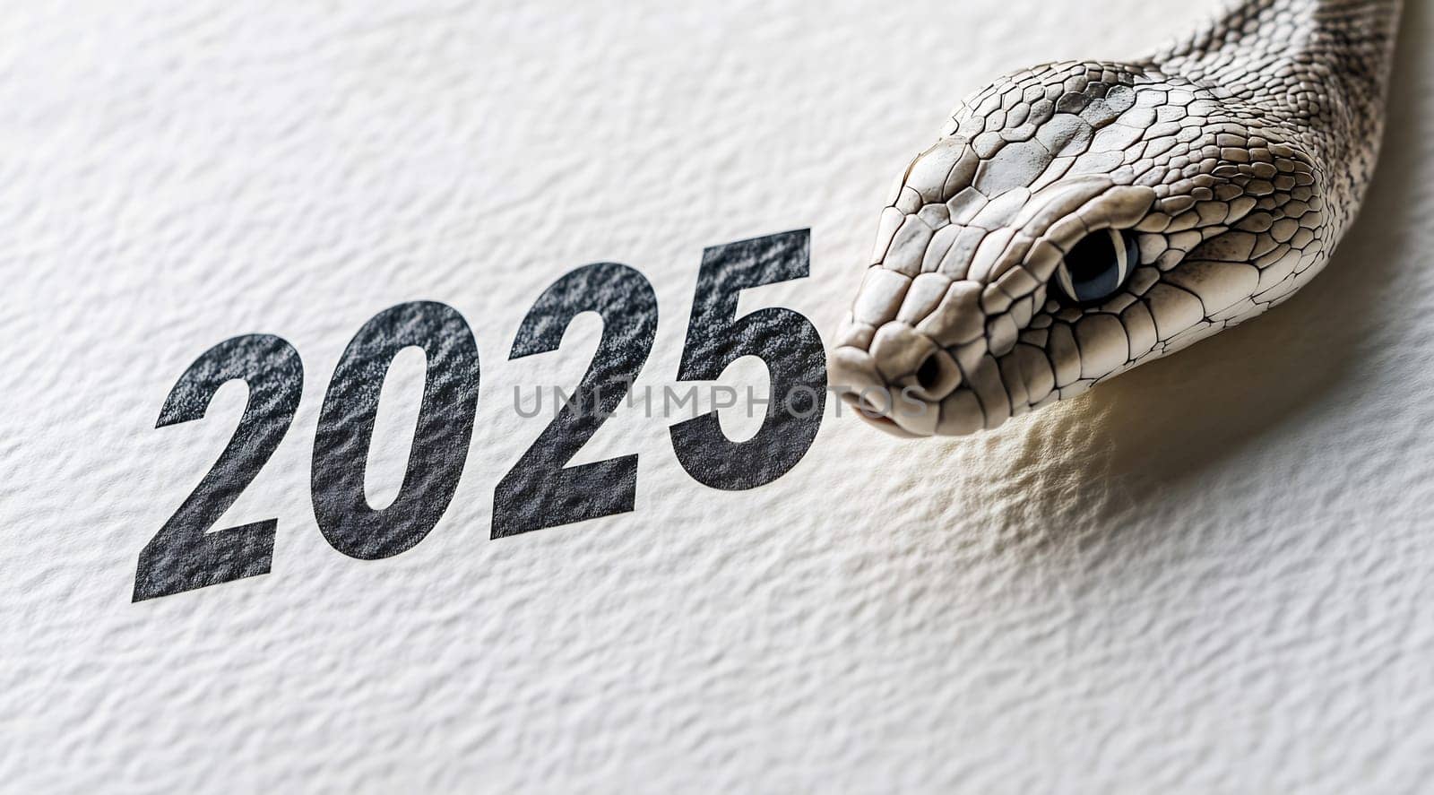 A white snake is positioned near the prominent number 2025 on a textured surface, hinting at themes of change and renewal.