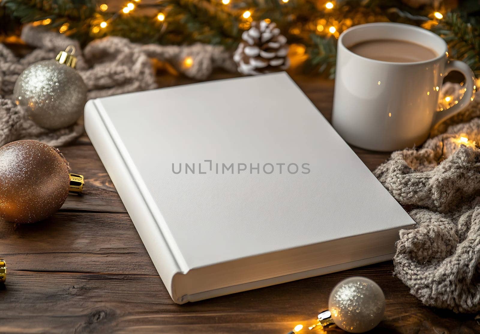 A warm cup of beverage sits beside a blank book, surrounded by festive ornaments and twinkling lights on a rustic wooden table.