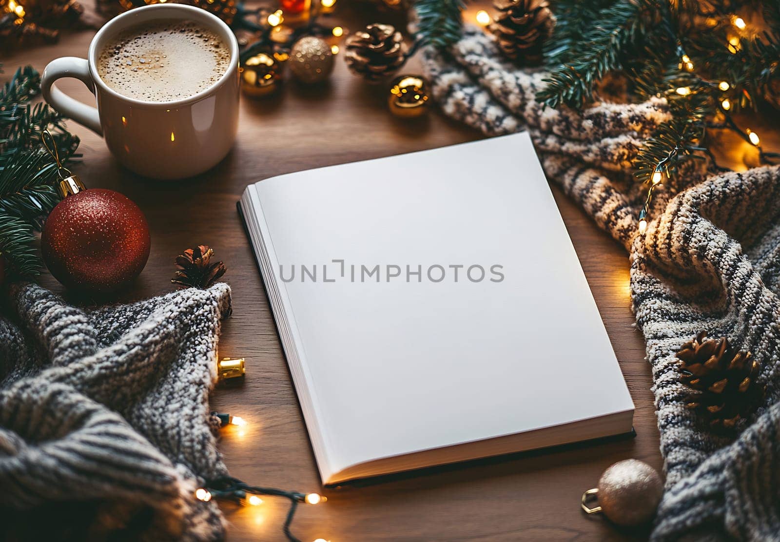 A warm cup of coffee sits beside a blank book surrounded by holiday decorations and twinkling lights, creating a cozy atmosphere.