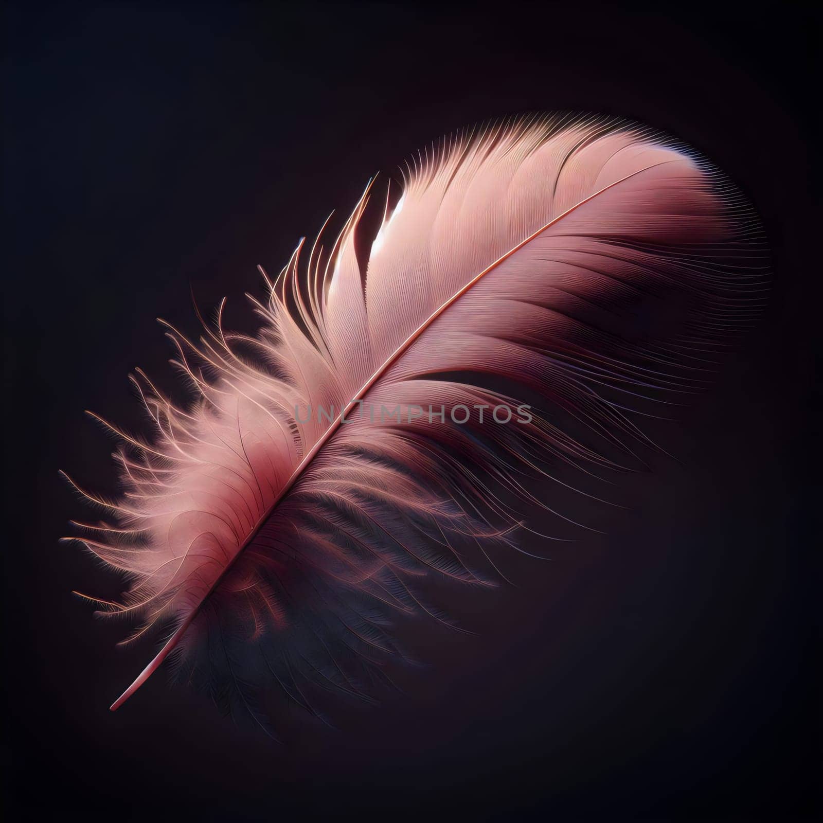 A single, delicate feather with a soft pink hue, floating against a dark background. The feather is a symbol of lightness, grace, and beauty. A high-quality photo.