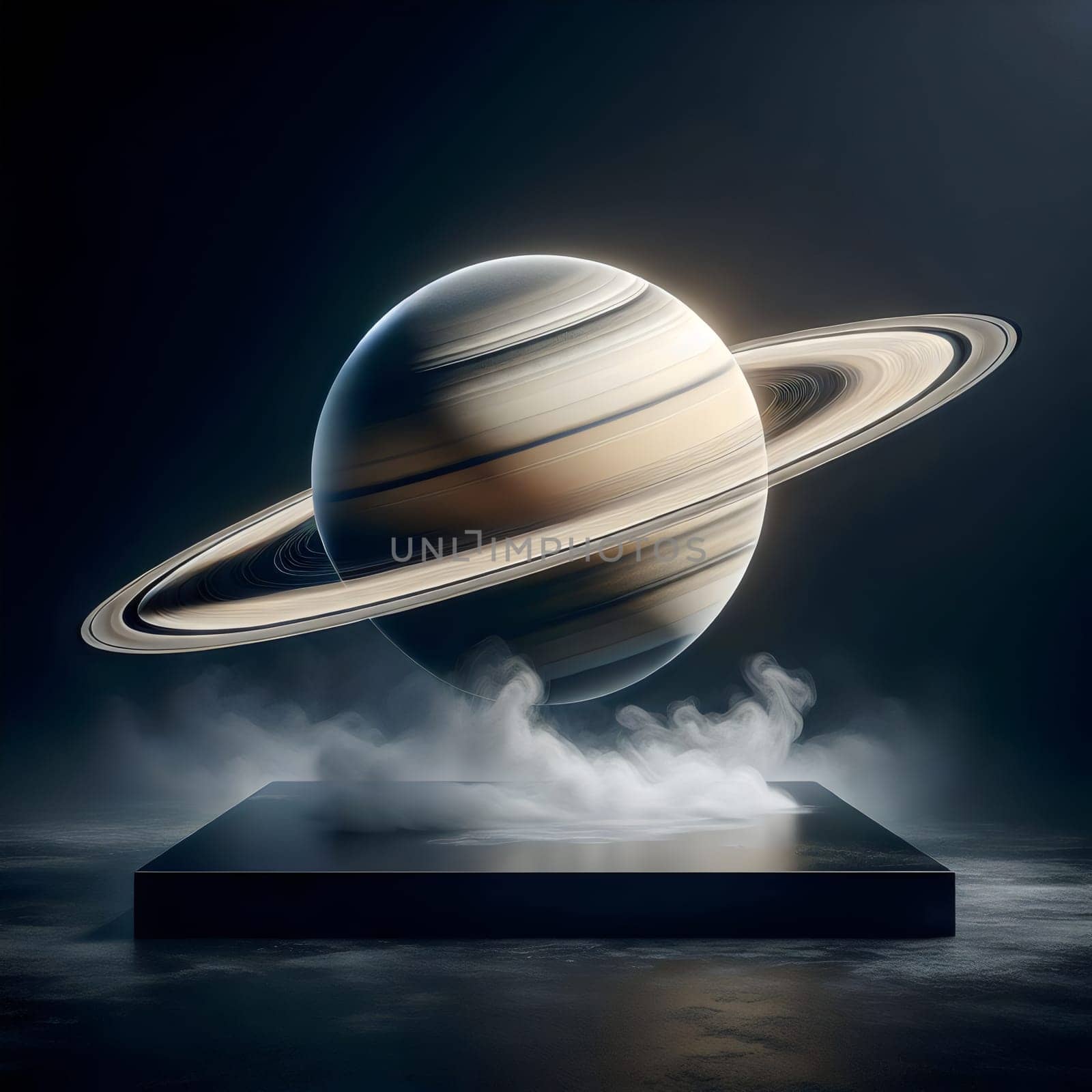 A 3D rendering of Saturn, with its iconic rings, floating above a black platform with a cloud of mist. The scene is dramatic and awe-inspiring. A high-quality photo.