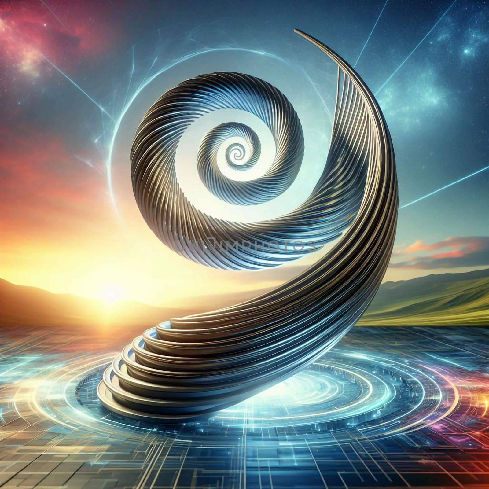 A metallic spiral sculpture standing in a futuristic landscape. The sculpture is a symbol of progress, innovation, and the interconnectedness of things. A high-quality photo.
