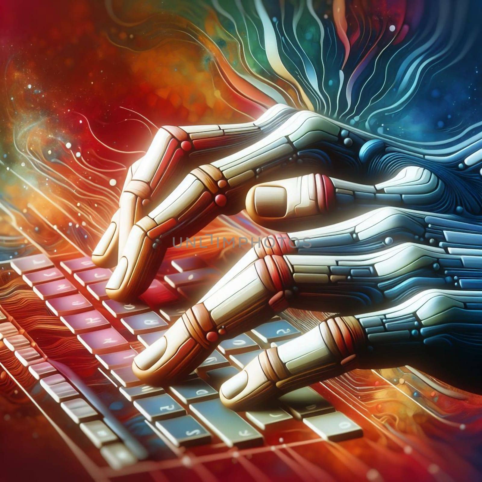 A pair of robotic hands typing on a keyboard. The hands are detailed and realistic, with a metallic finish and glowing lights. The scene is set against a colorful background. A high-quality photo.