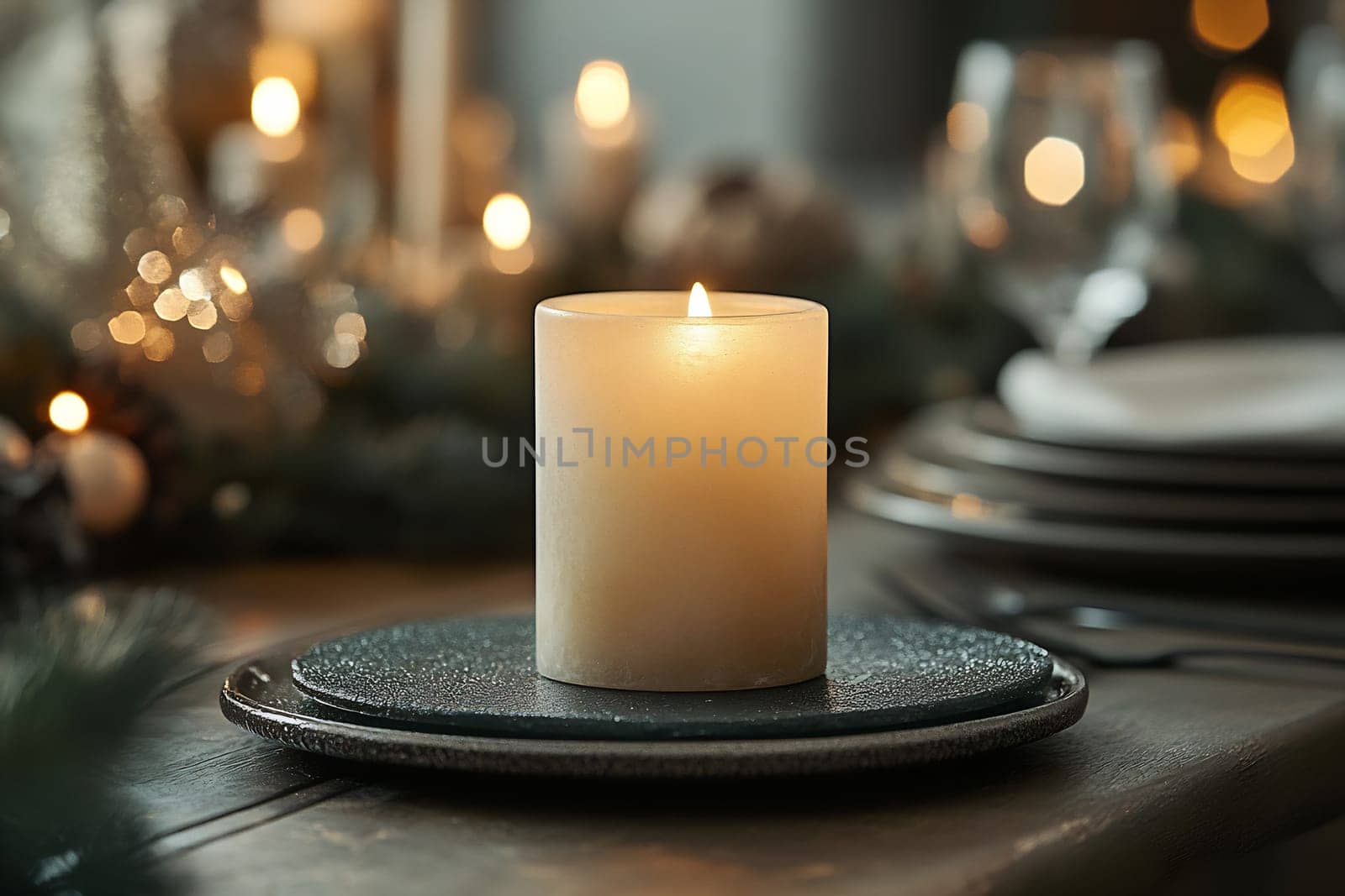 A warm and inviting table is set with a lit candle, creating a cozy atmosphere perfect for a festive gathering.
