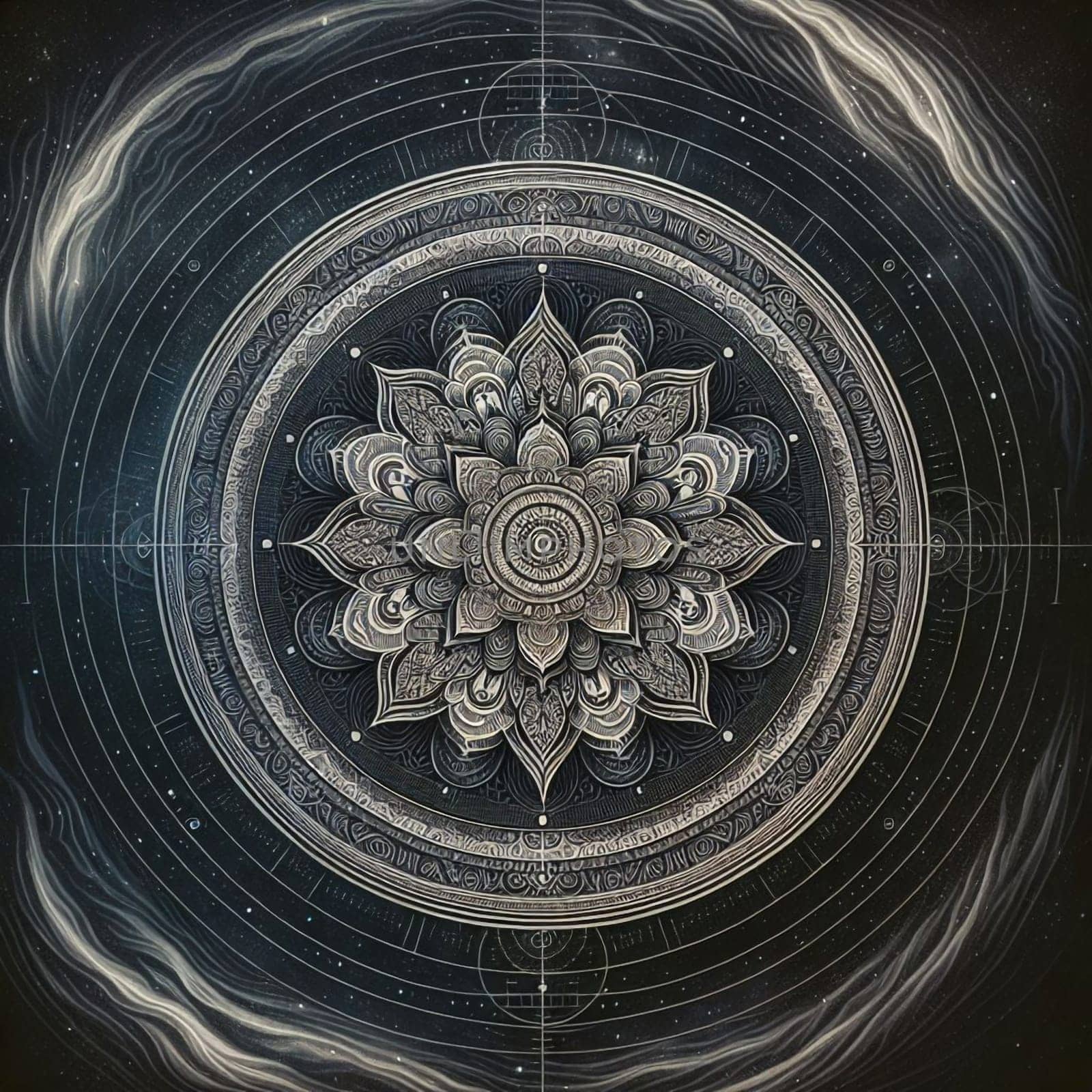 A complex, intricate mandala design in silver and white, set against a dark, starry background. The mandala represents the interconnectedness of all things. A high-quality photo.
