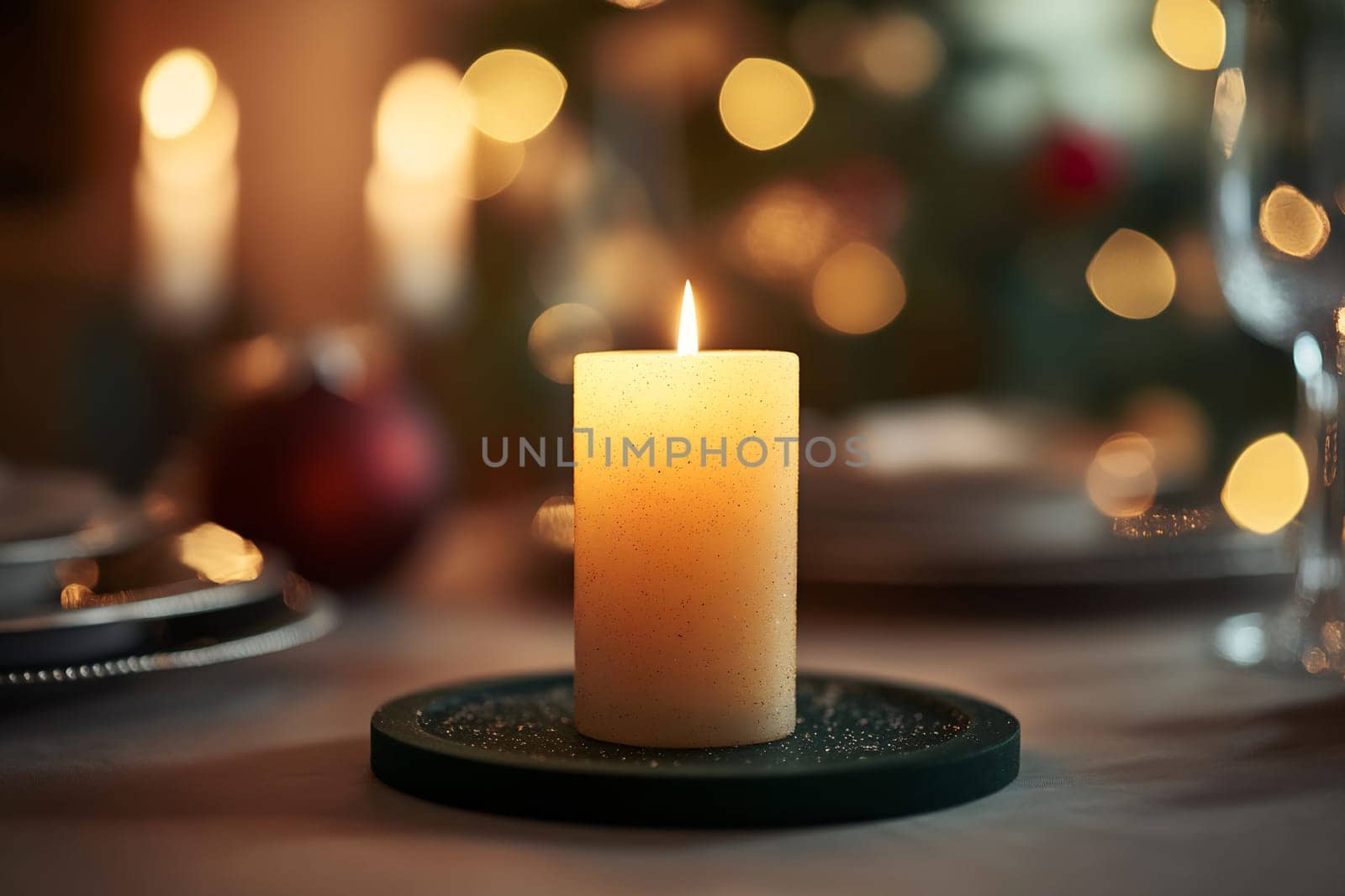 A warm candle illuminates the table, creating a cozy atmosphere amid holiday decorations and blurred lights in the background.