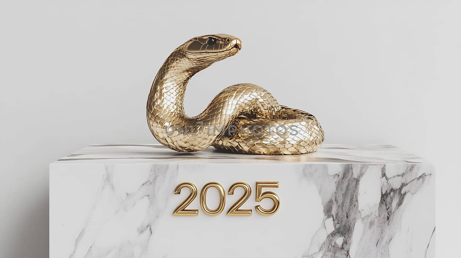 A sleek golden snake sculpture is artistically placed atop a marble pedestal inscribed with the year 2025, representing new beginnings.