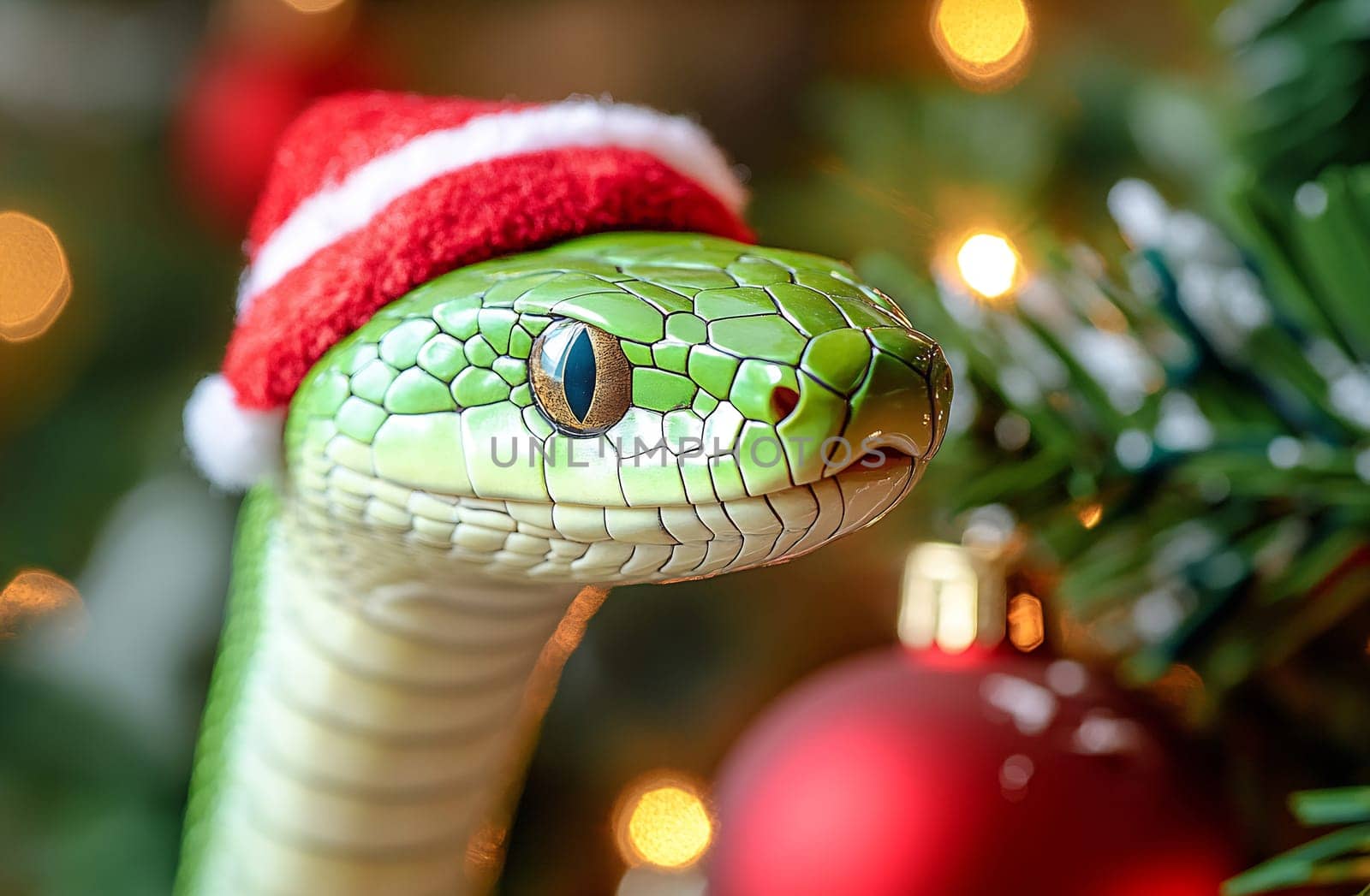 The green snake, adorned with a Santa hat, curiously gazes at the colorful Christmas tree filled with ornaments and lights.