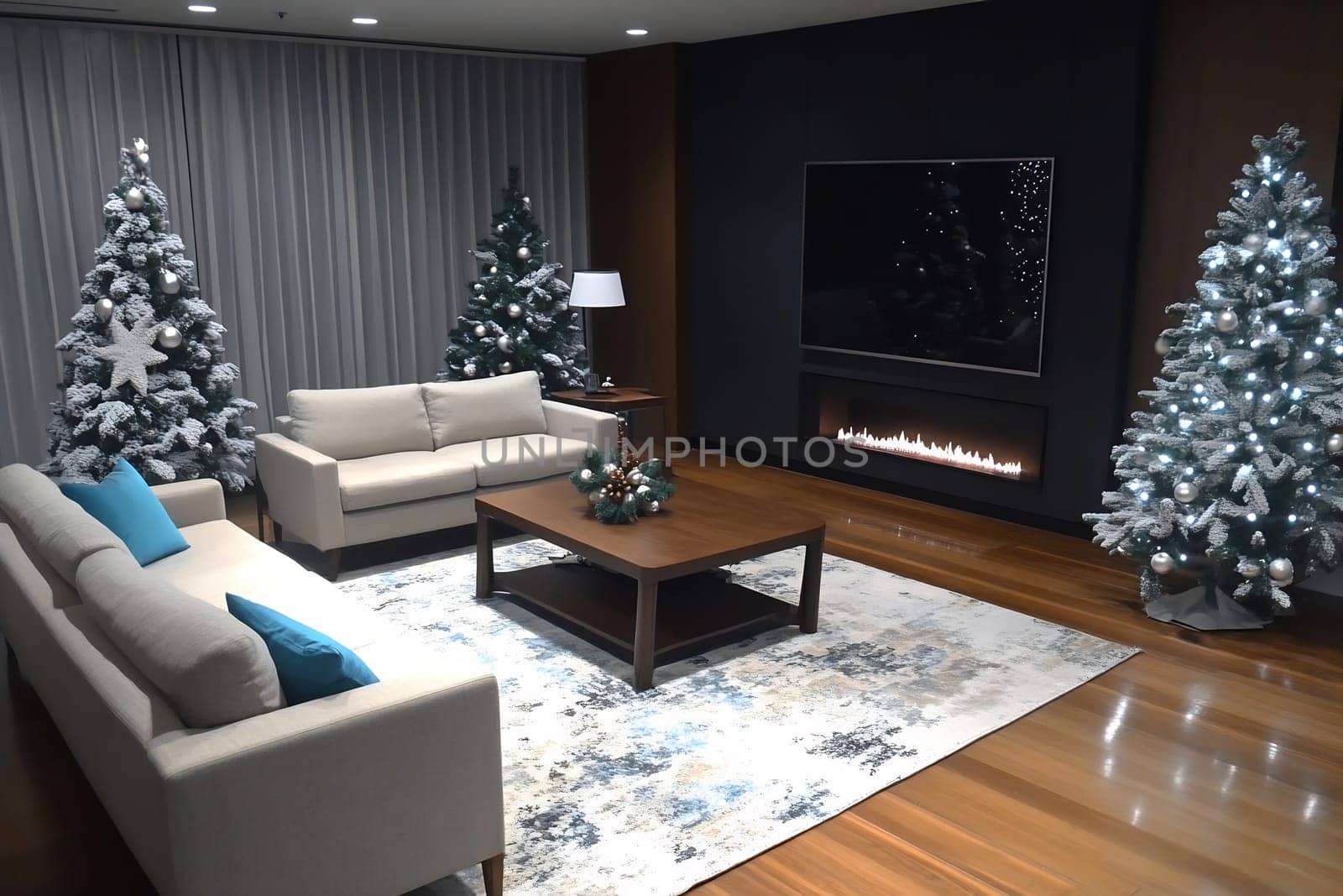 A warm living room showcases festive decor with two beautifully adorned Christmas trees and a sleek fireplace, creating a cozy atmosphere.