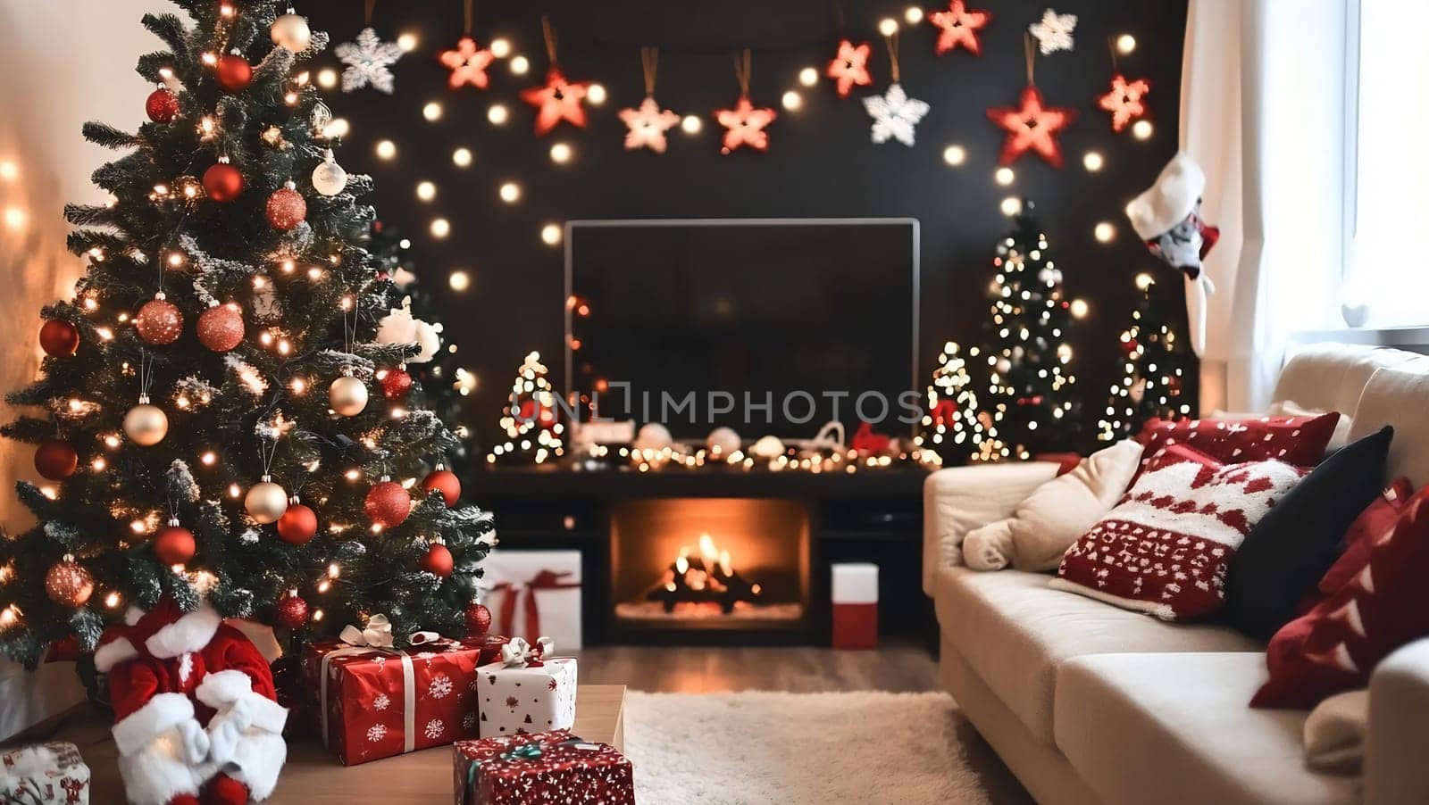 A living room adorned with Christmas trees, twinkling lights, and colorful decorations creates a festive holiday spirit.