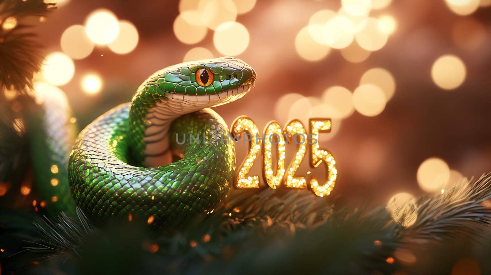 A green snake curls around sparkling numbers representing the year 2025, surrounded by warm holiday lights and decorations.