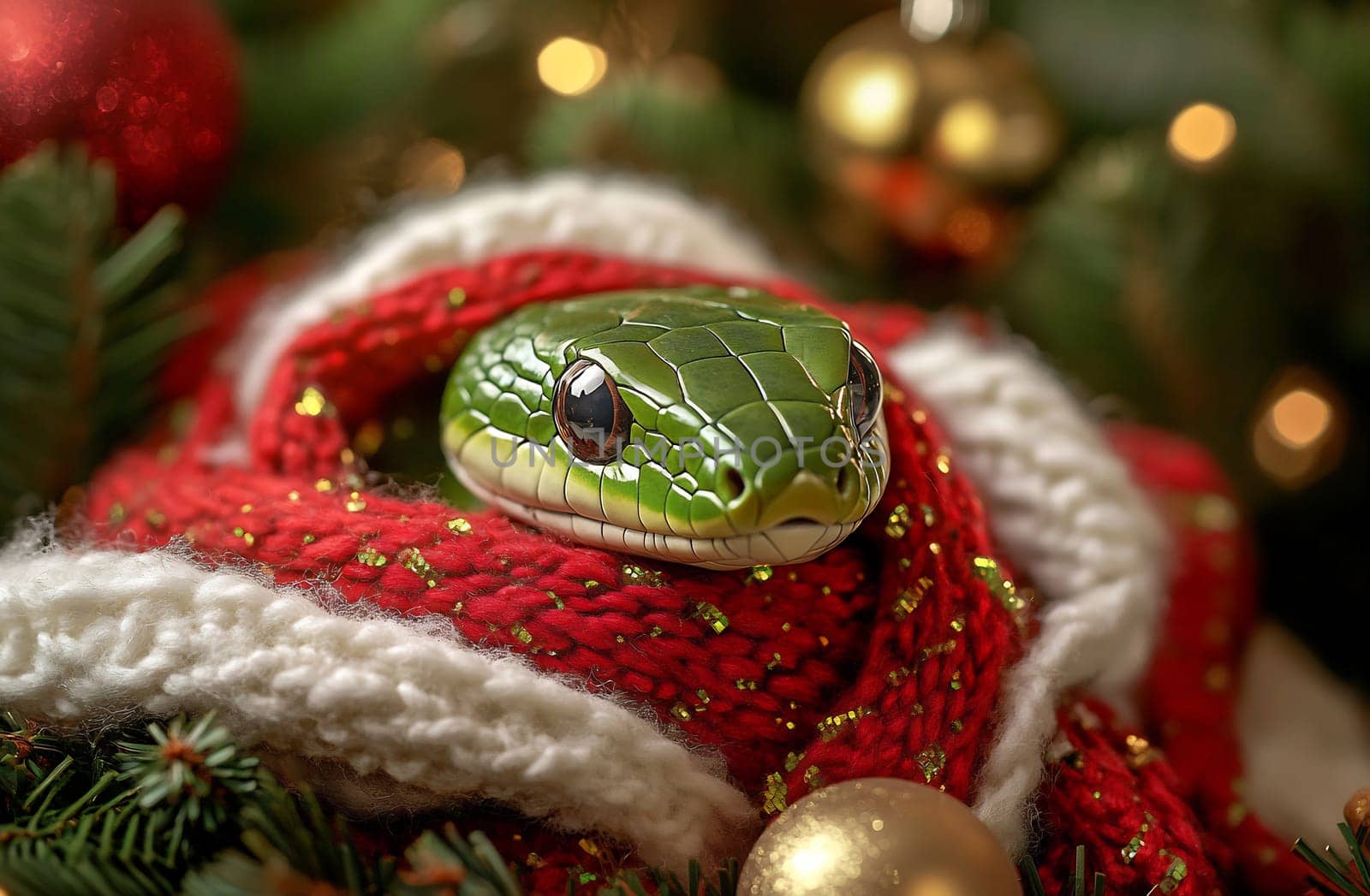 A green snake peeks out from a vibrant red scarf surrounded by twinkling ornaments and holiday greenery during the festive season.
