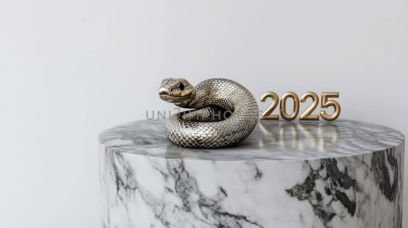 A decorative snake forms a spiral next to golden numbers indicating the year 2025, set on a stylish marble pedestal.
