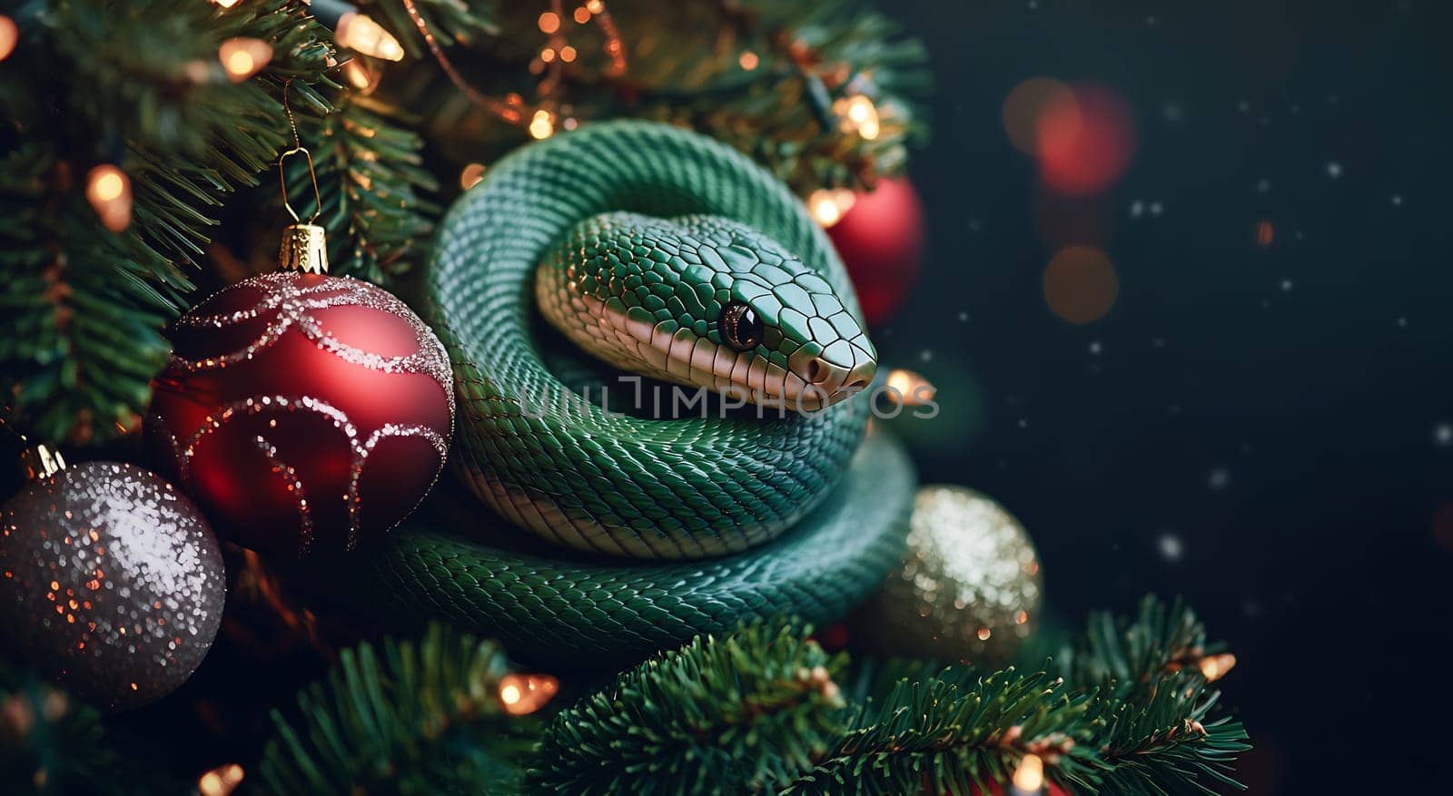 A vibrant green snake wraps around festive ornaments on a decorated Christmas tree, showcasing holiday spirit and nature's beauty.