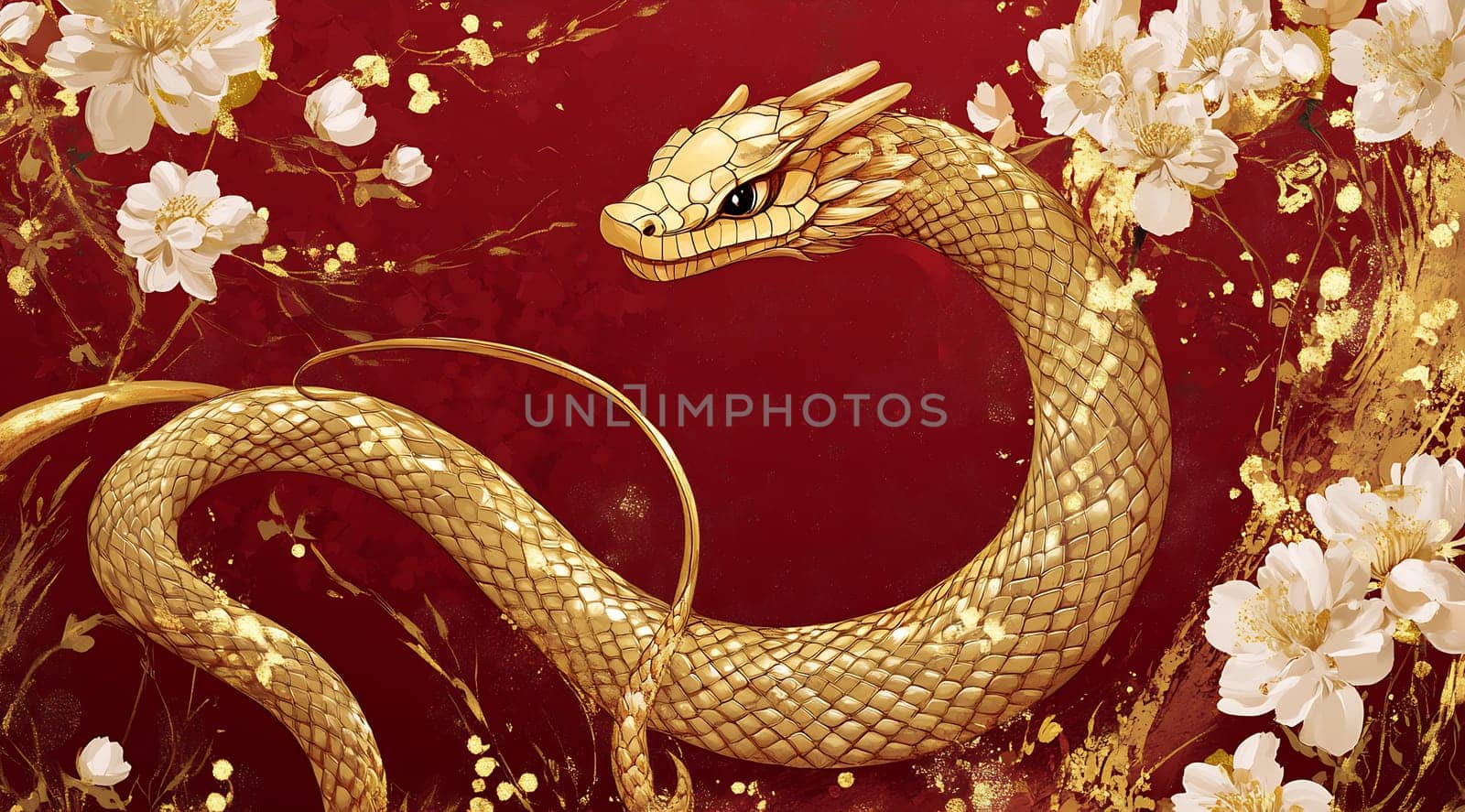 The golden dragon is depicted twisting gracefully around delicate cherry blossoms, creating a striking visual contrast on red.