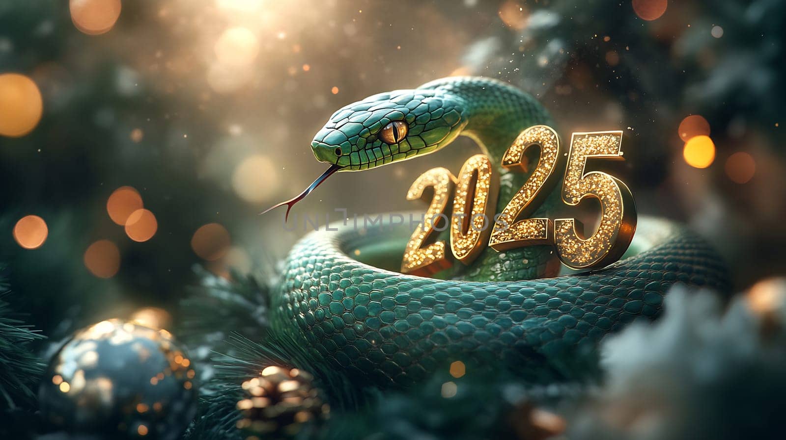 A green snake slithers around sparkling numbers representing 2025, amidst colorful ornaments and a warm glow, celebrating the new year.