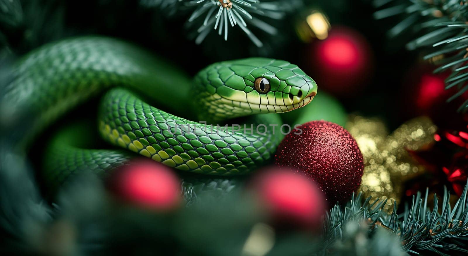 A striking green snake rests playfully among red and gold ornaments on a festive backdrop of evergreen branches.