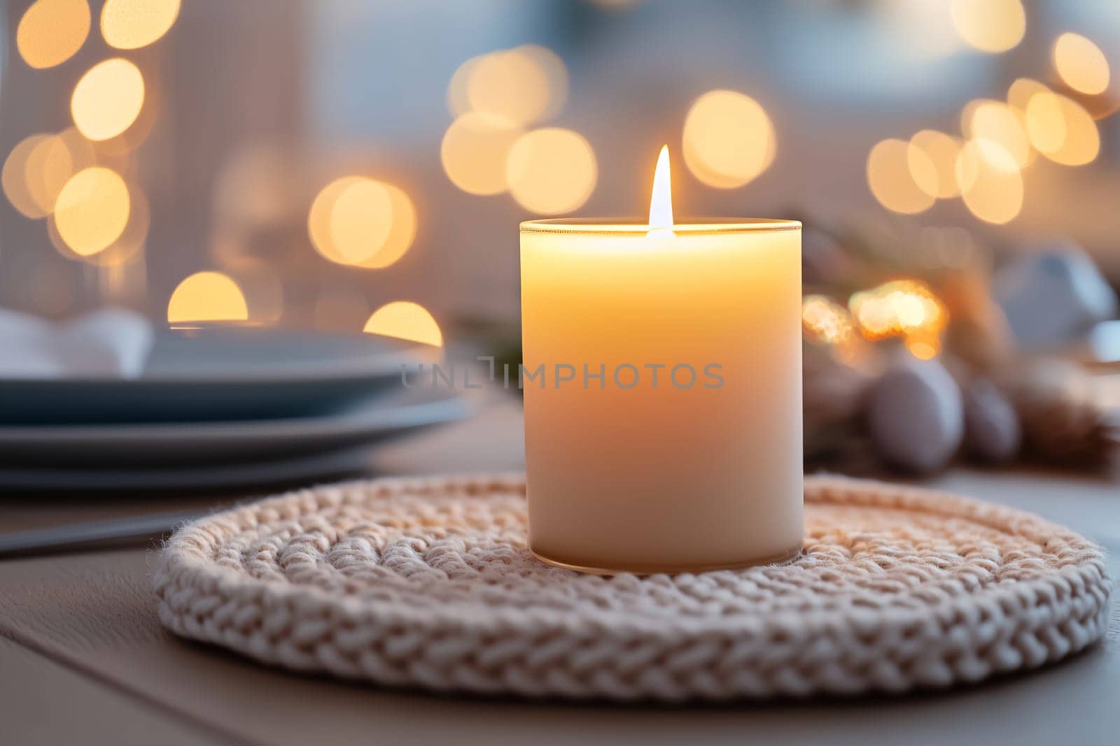 A lit candle rests on a woven mat, casting a gentle glow over a beautifully set dinner table with soft lighting.